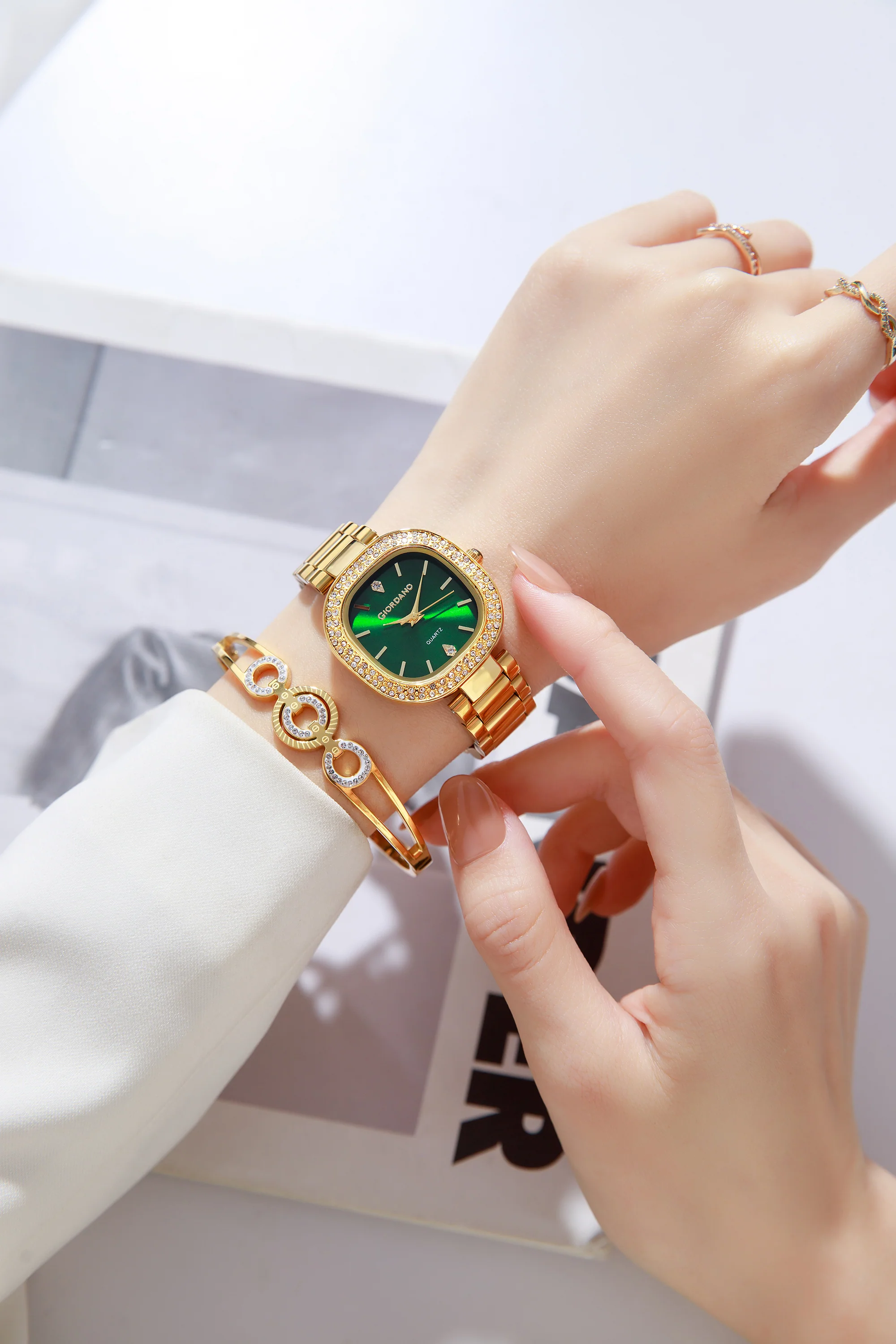 Giordano Analog Quartz Watch for Women with Bangle Square Green Dial, Blue Crown, Crystal Studded Hour Markers and Bezel, Gold Stainless Steel Strap - GZ-60166-33 - Image 2