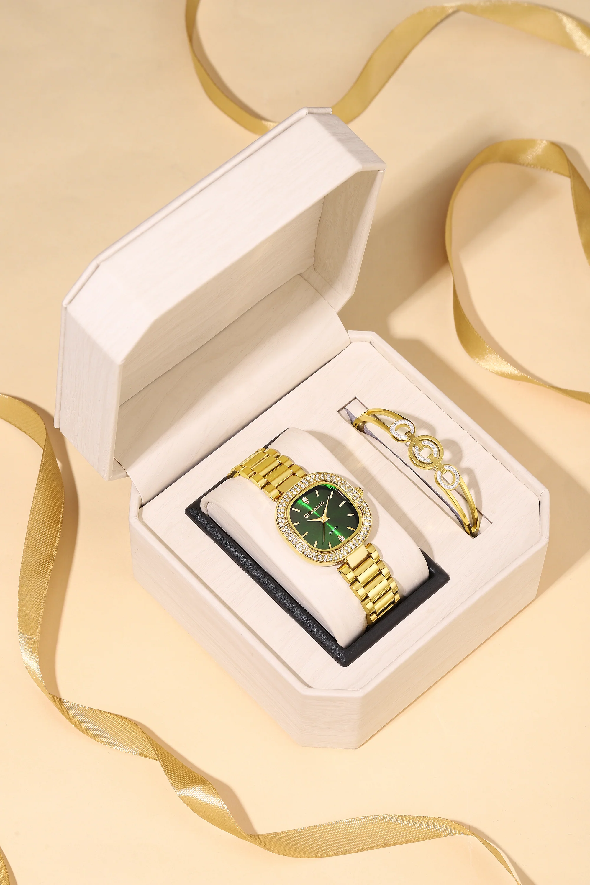 Giordano Analog Quartz Watch for Women with Bangle Square Green Dial, Blue Crown, Crystal Studded Hour Markers and Bezel, Gold Stainless Steel Strap - GZ-60166-33 - Image 3