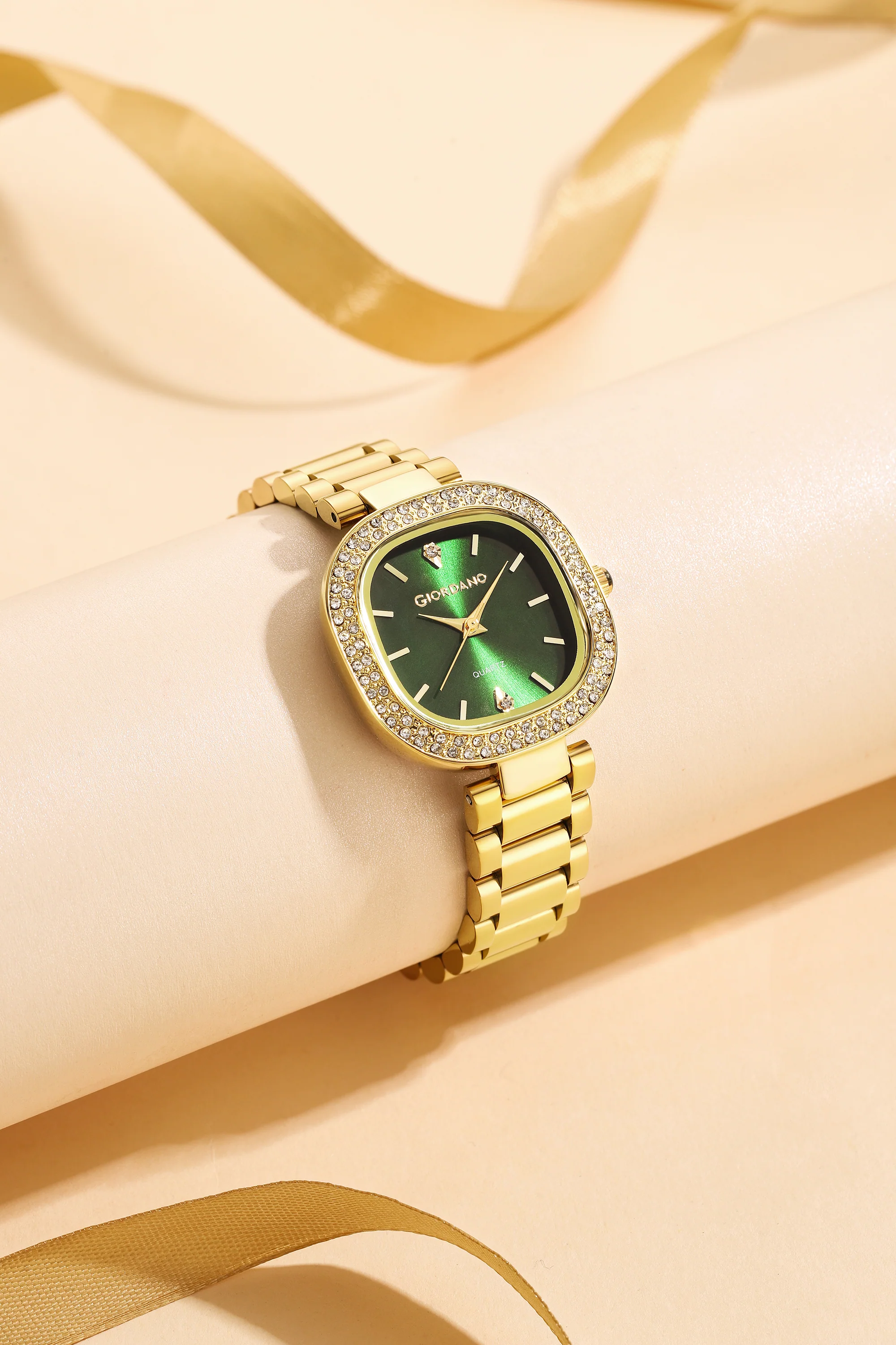 Giordano Analog Quartz Watch for Women with Bangle Square Green Dial, Blue Crown, Crystal Studded Hour Markers and Bezel, Gold Stainless Steel Strap - GZ-60166-33 - Image 4