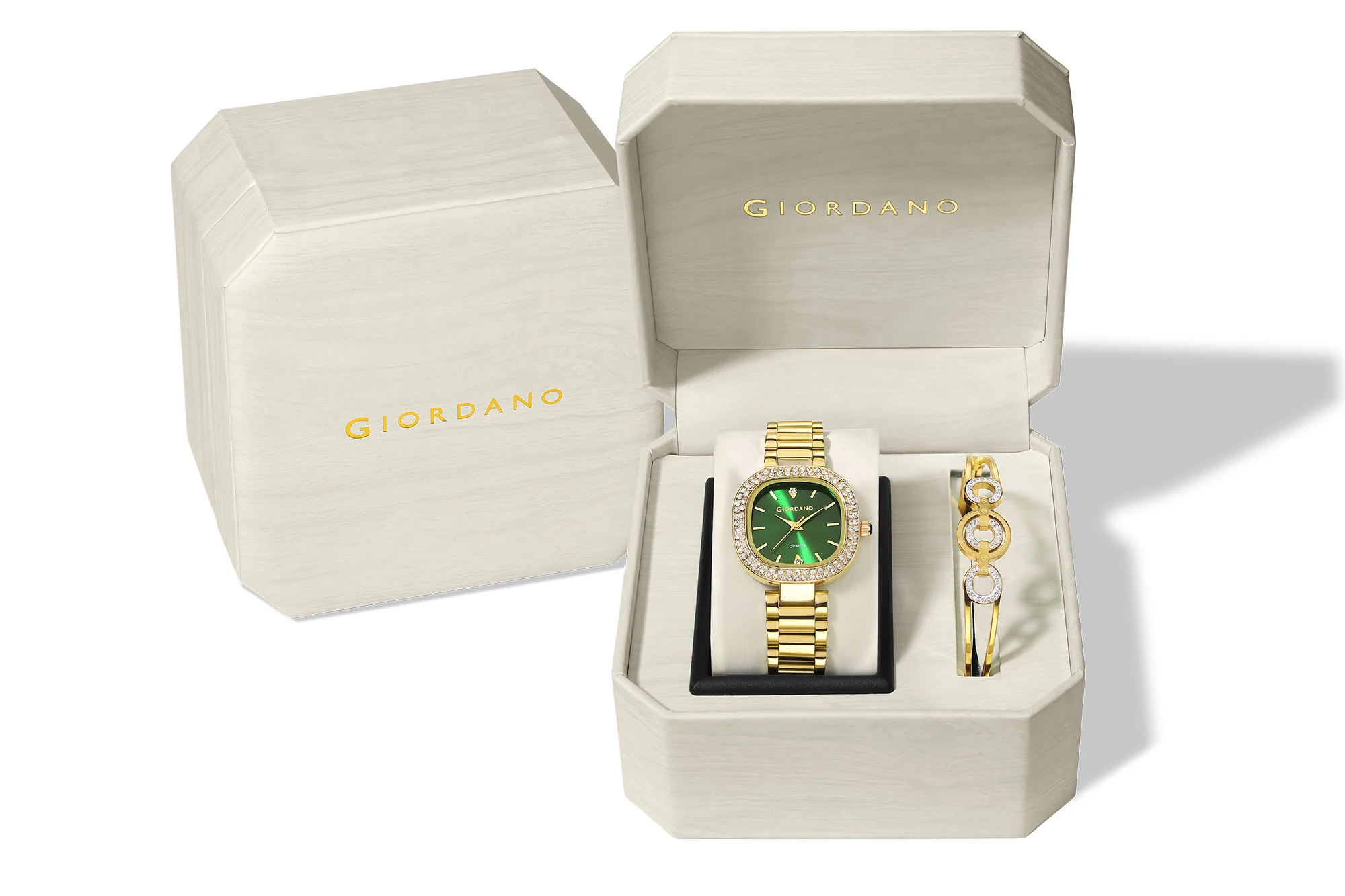 Giordano Analog Quartz Watch for Women with Bangle Square Green Dial, Blue Crown, Crystal Studded Hour Markers and Bezel, Gold Stainless Steel Strap - GZ-60166-33 - Image 6