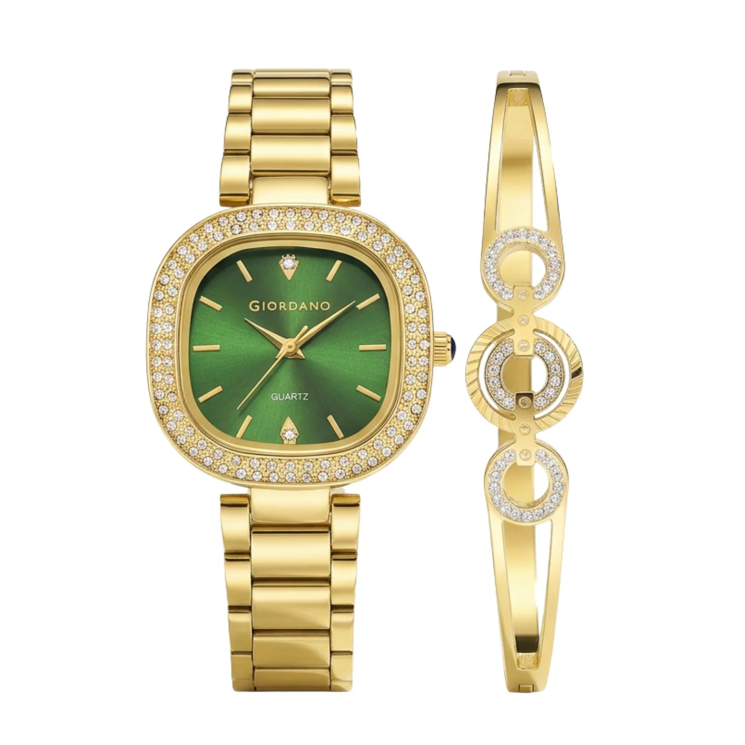 Giordano Analog Quartz Watch for Women with Bangle Square Green Dial, Blue Crown, Crystal Studded Hour Markers and Bezel, Gold Stainless Steel Strap - GZ-60166-33 - Image 7