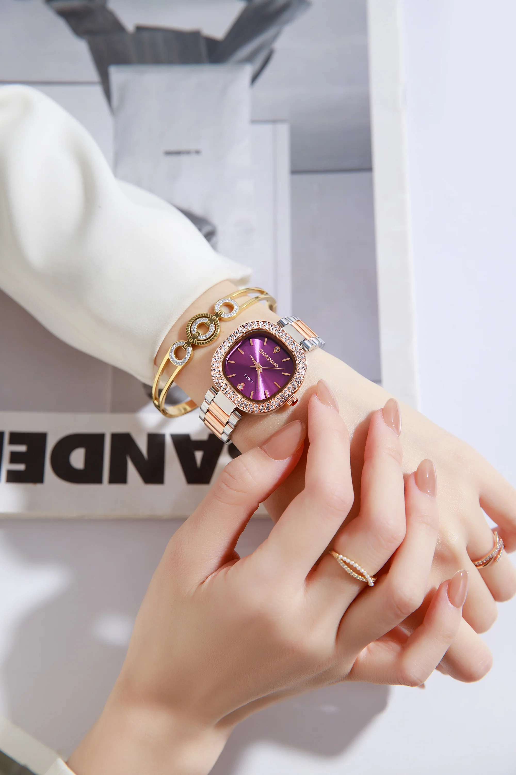 Giordano Analog Quartz Watch for Women with Bangle Square Purple Dial, Blue Crown, Crystal Studded Hour Markers and Bezel, Silver and Rose Gold Stainless Steel Strap - GZ-60166-22 - Image 2