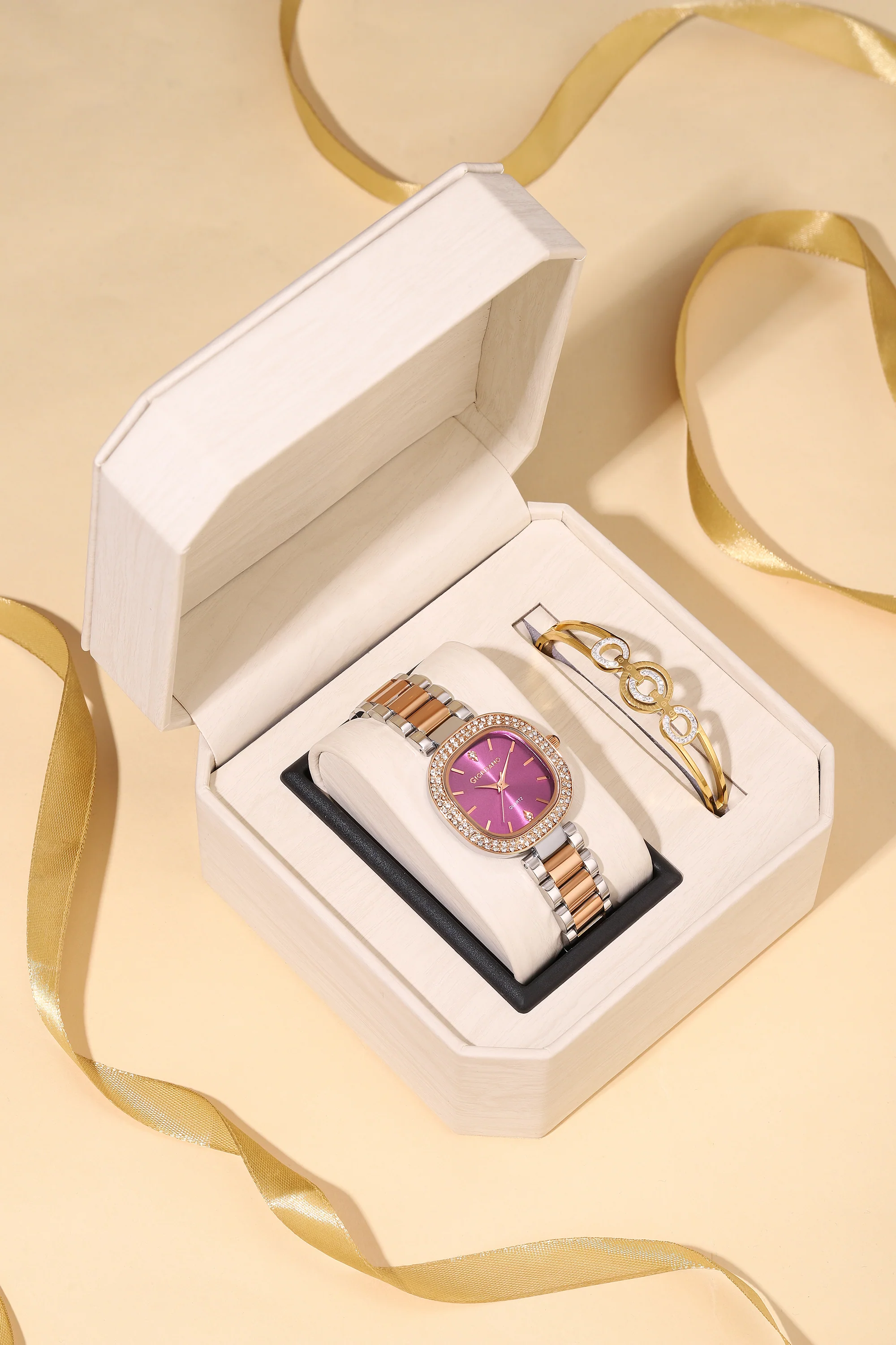 Giordano Analog Quartz Watch for Women with Bangle Square Purple Dial, Blue Crown, Crystal Studded Hour Markers and Bezel, Silver and Rose Gold Stainless Steel Strap - GZ-60166-22 - Image 3