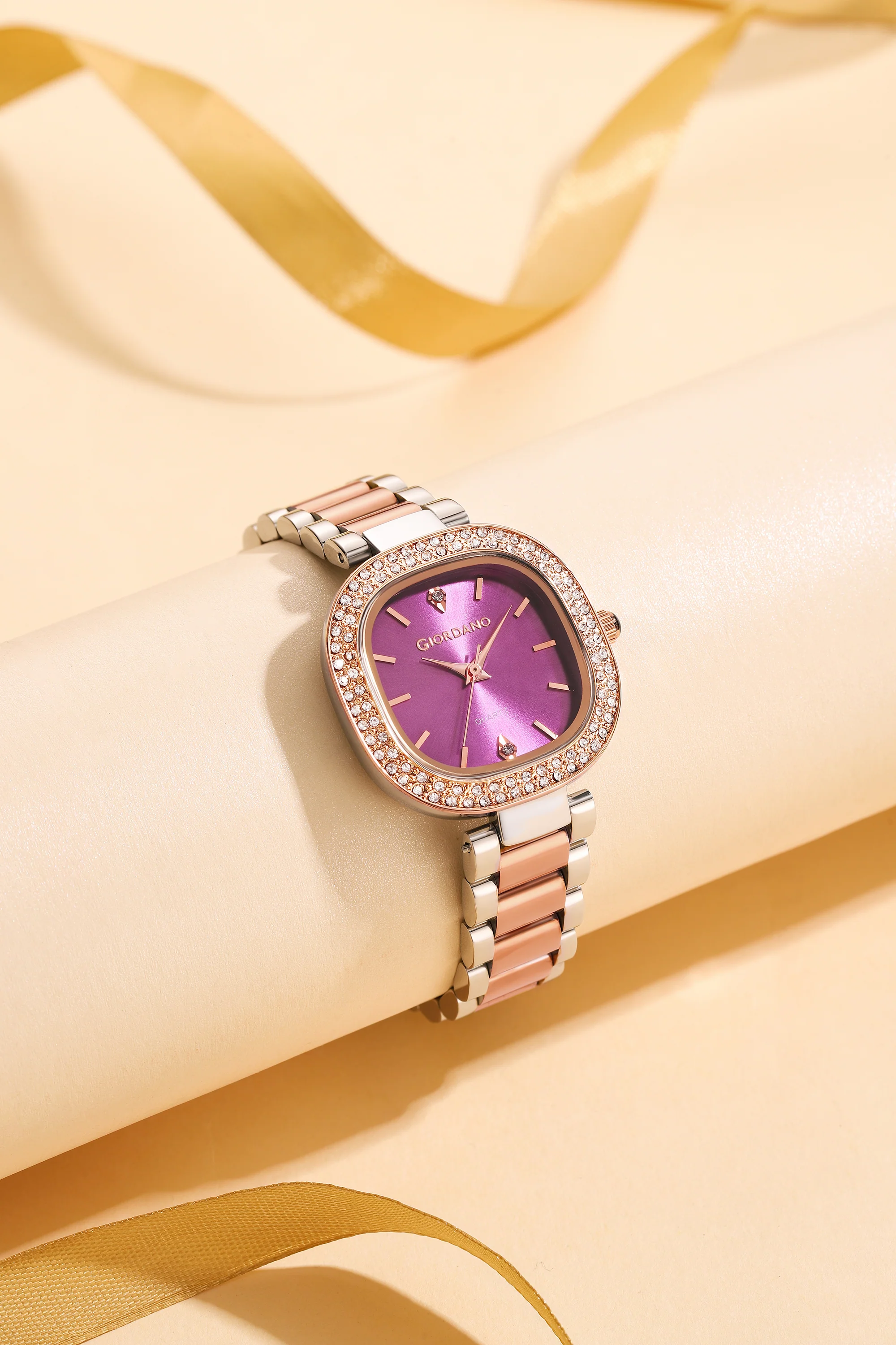 Giordano Analog Quartz Watch for Women with Bangle Square Purple Dial, Blue Crown, Crystal Studded Hour Markers and Bezel, Silver and Rose Gold Stainless Steel Strap - GZ-60166-22 - Image 4