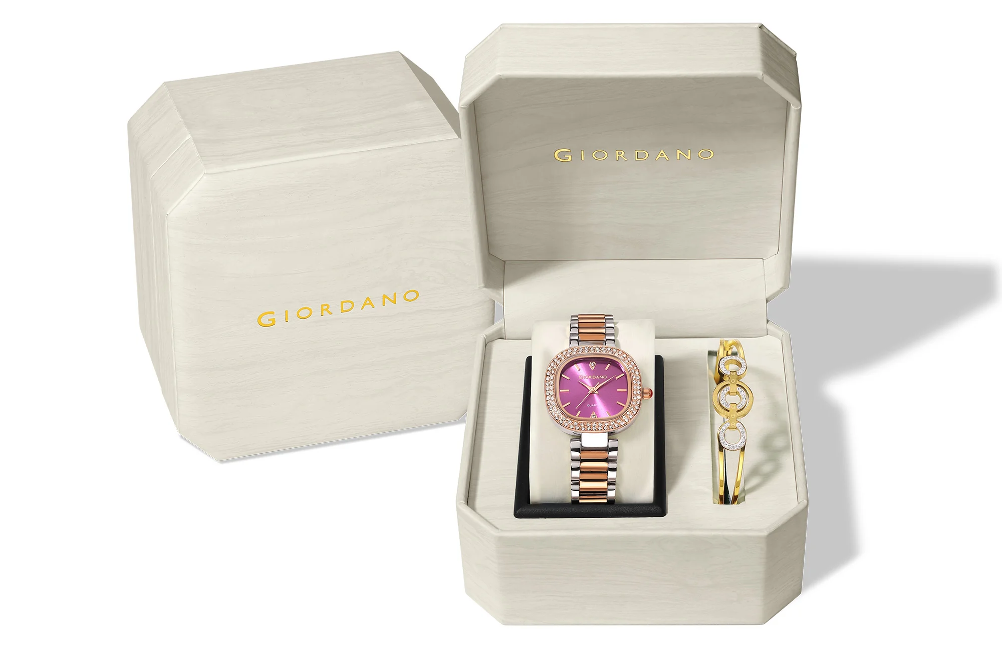 Giordano Analog Quartz Watch for Women with Bangle Square Purple Dial, Blue Crown, Crystal Studded Hour Markers and Bezel, Silver and Rose Gold Stainless Steel Strap - GZ-60166-22 - Image 6