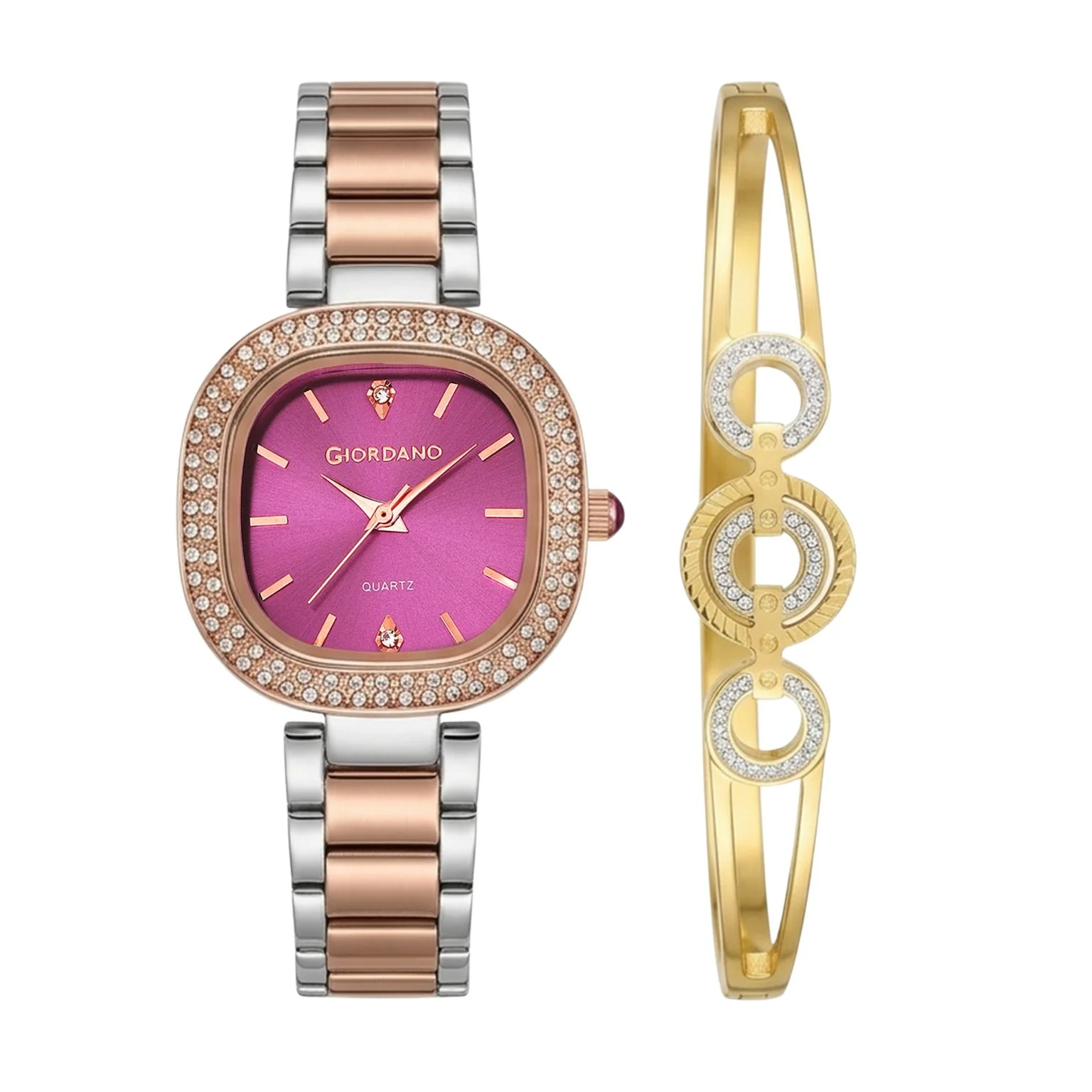 Giordano Analog Quartz Watch for Women with Bangle Square Purple Dial, Blue Crown, Crystal Studded Hour Markers and Bezel, Silver and Rose Gold Stainless Steel Strap - GZ-60166-22 - Image 7