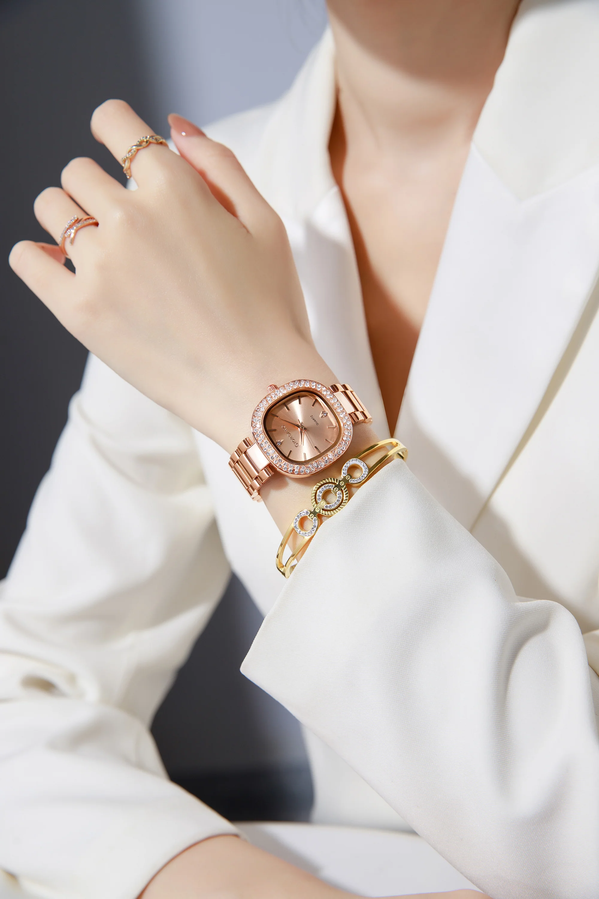 Giordano Analog Quartz Watch for Women with Bangle Square Rose Gold Dial, Blue Crown, Crystal Studded Hour Markers and Bezel, Rose Gold Stainless Steel Strap - GZ-60166-44 - Image 2