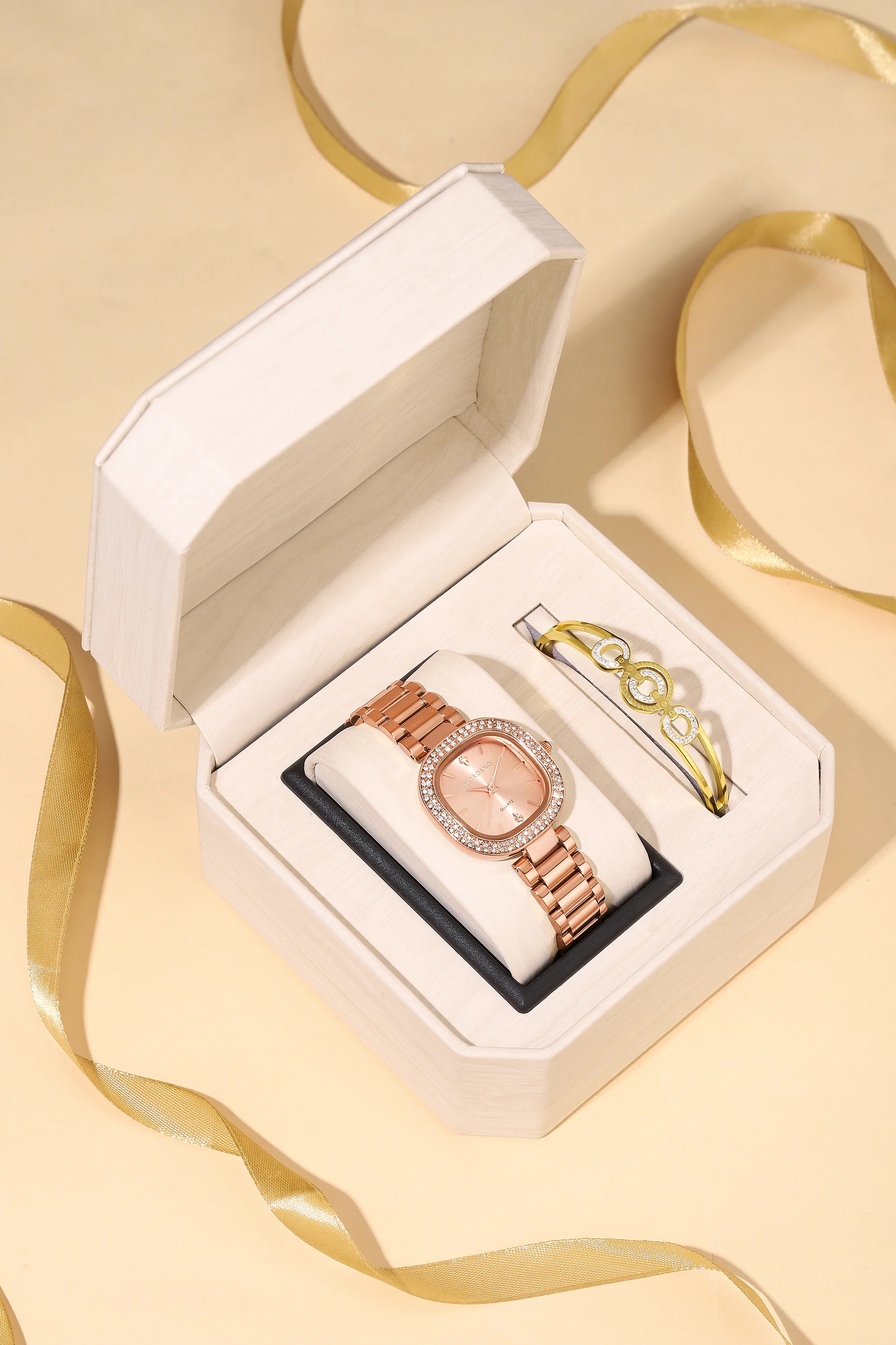 Giordano Analog Quartz Watch for Women with Bangle Square Rose Gold Dial, Blue Crown, Crystal Studded Hour Markers and Bezel, Rose Gold Stainless Steel Strap - GZ-60166-44 - Image 3
