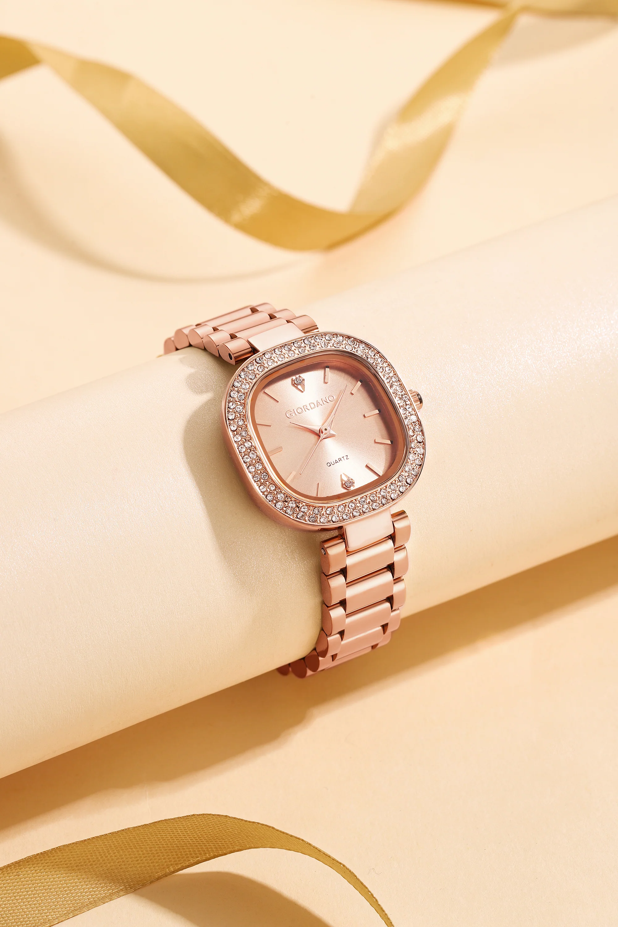 Giordano Analog Quartz Watch for Women with Bangle Square Rose Gold Dial, Blue Crown, Crystal Studded Hour Markers and Bezel, Rose Gold Stainless Steel Strap - GZ-60166-44 - Image 4