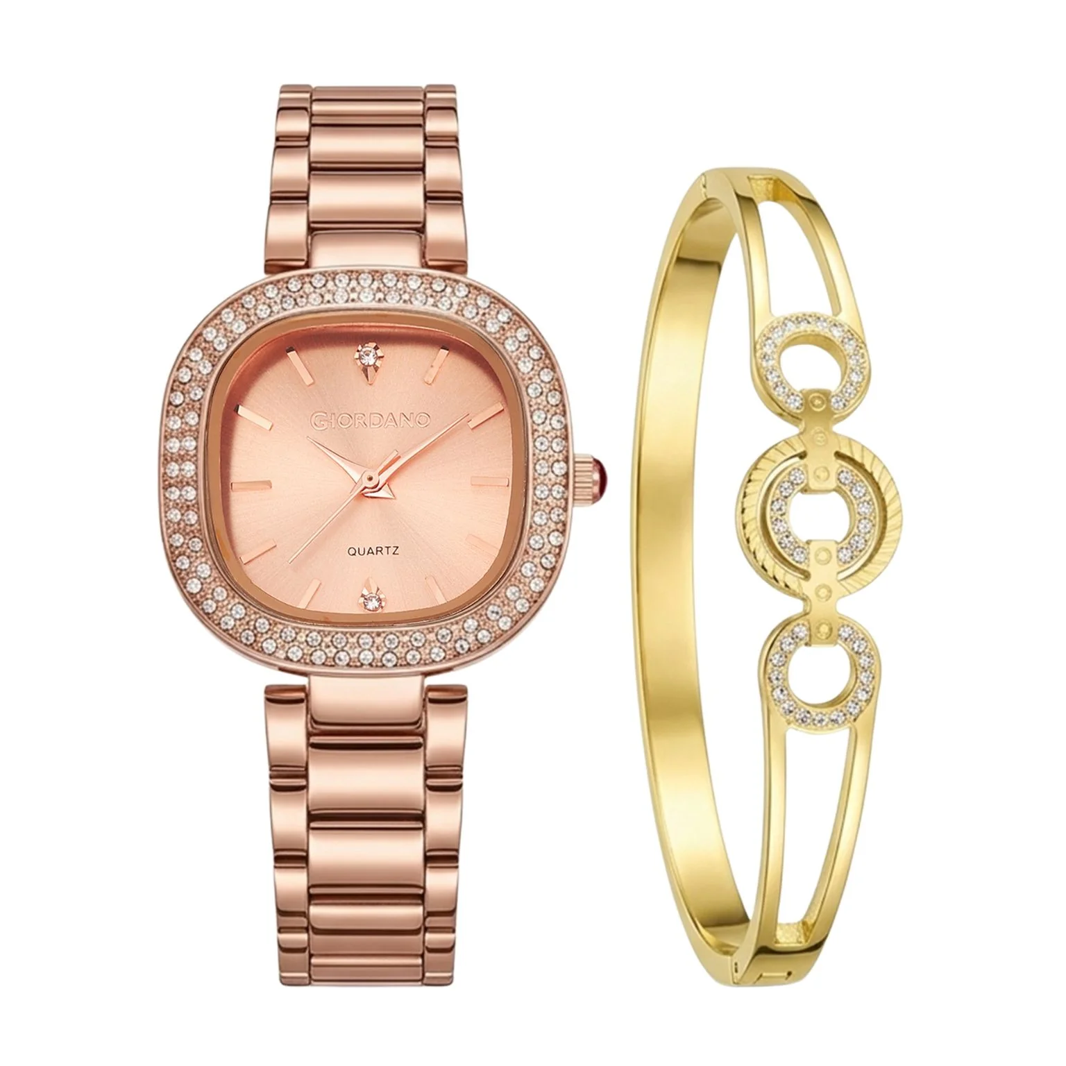 Giordano Analog Quartz Watch for Women with Bangle Square Rose Gold Dial, Blue Crown, Crystal Studded Hour Markers and Bezel, Rose Gold Stainless Steel Strap - GZ-60166-44 - Image 6