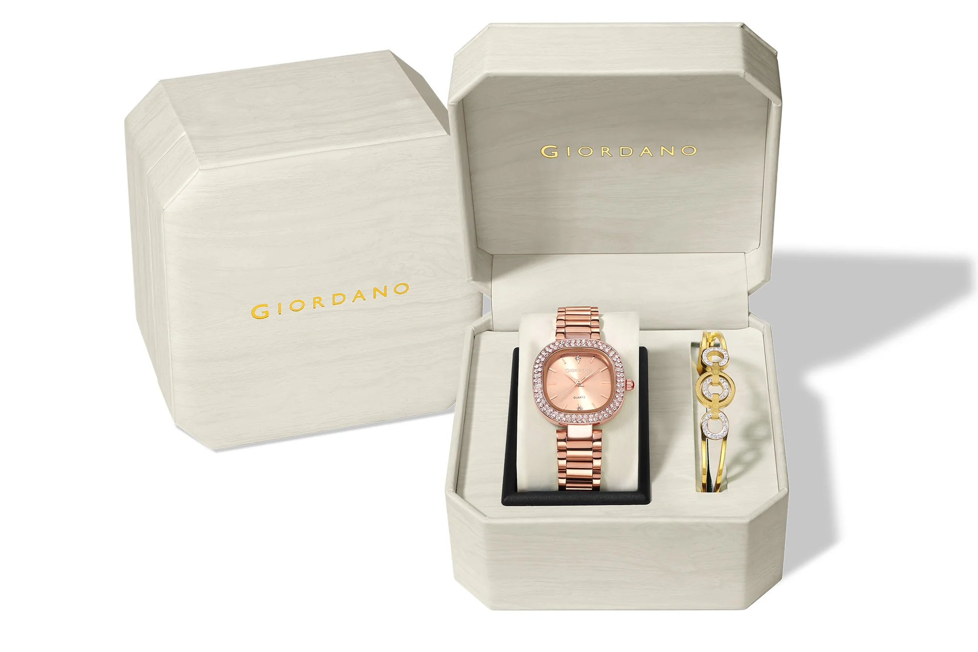 Giordano Analog Quartz Watch for Women with Bangle Square Rose Gold Dial, Blue Crown, Crystal Studded Hour Markers and Bezel, Rose Gold Stainless Steel Strap - GZ-60166-44 - Image 7