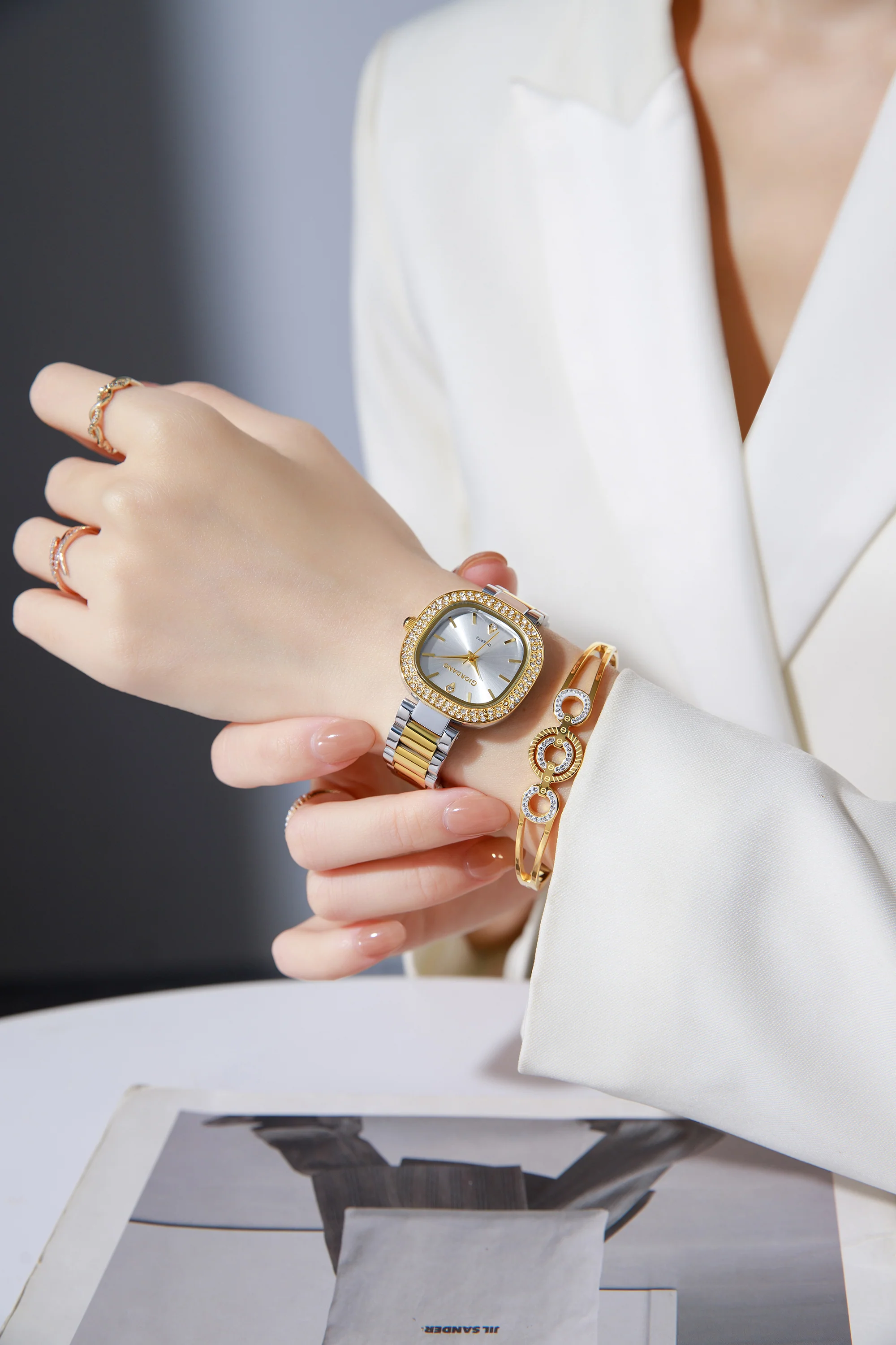 Giordano Analog Quartz Watch for Women with Bangle Square White Dial, Blue Crown, Crystal Studded Hour Markers and Bezel, Silver and Gold Stainless Steel Strap - GZ-60166-11 - Image 2