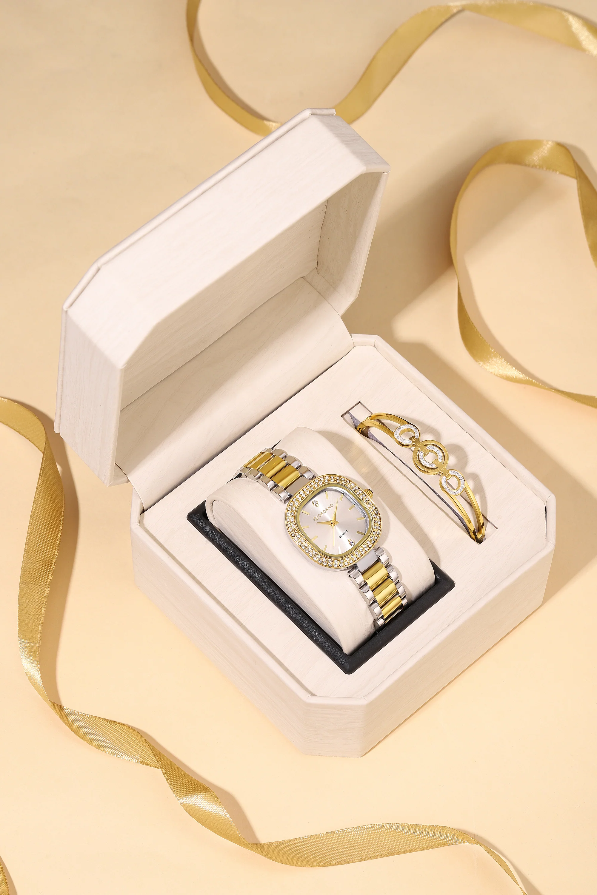Giordano Analog Quartz Watch for Women with Bangle Square White Dial, Blue Crown, Crystal Studded Hour Markers and Bezel, Silver and Gold Stainless Steel Strap - GZ-60166-11 - Image 3