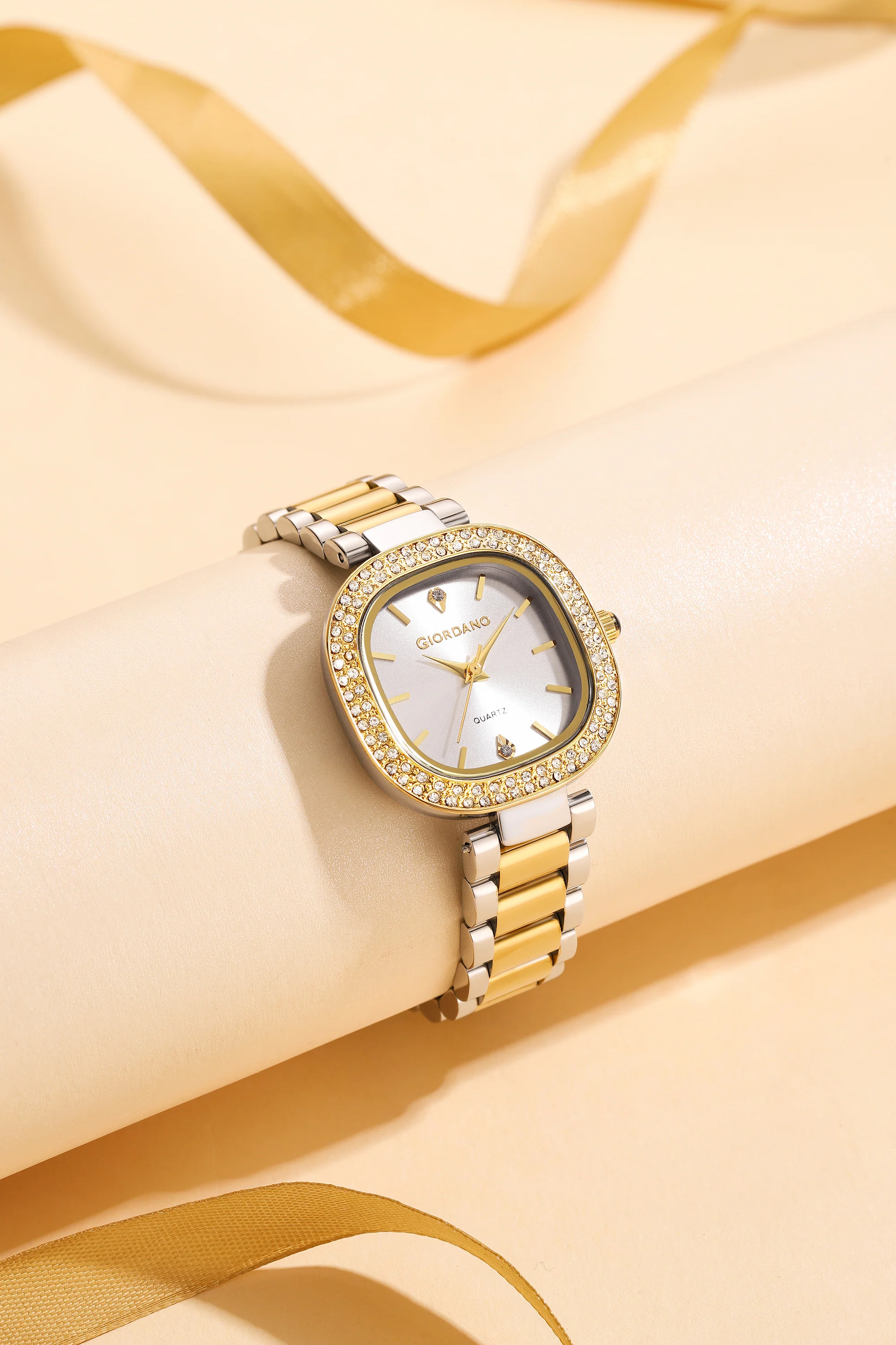Giordano Analog Quartz Watch for Women with Bangle Square White Dial, Blue Crown, Crystal Studded Hour Markers and Bezel, Silver and Gold Stainless Steel Strap - GZ-60166-11 - Image 4