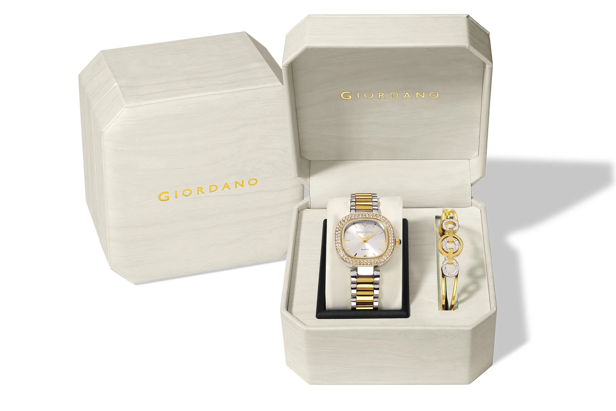 Giordano Analog Quartz Watch for Women with Bangle Square White Dial, Blue Crown, Crystal Studded Hour Markers and Bezel, Silver and Gold Stainless Steel Strap - GZ-60166-11 - Image 6