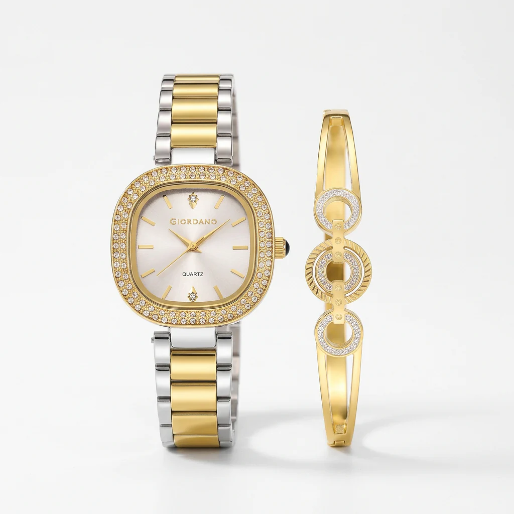 Giordano Analog Quartz Watch for Women with Bangle Square White Dial, Blue Crown, Crystal Studded Hour Markers and Bezel, Silver and Gold Stainless Steel Strap - GZ-60166-11 - Image 7