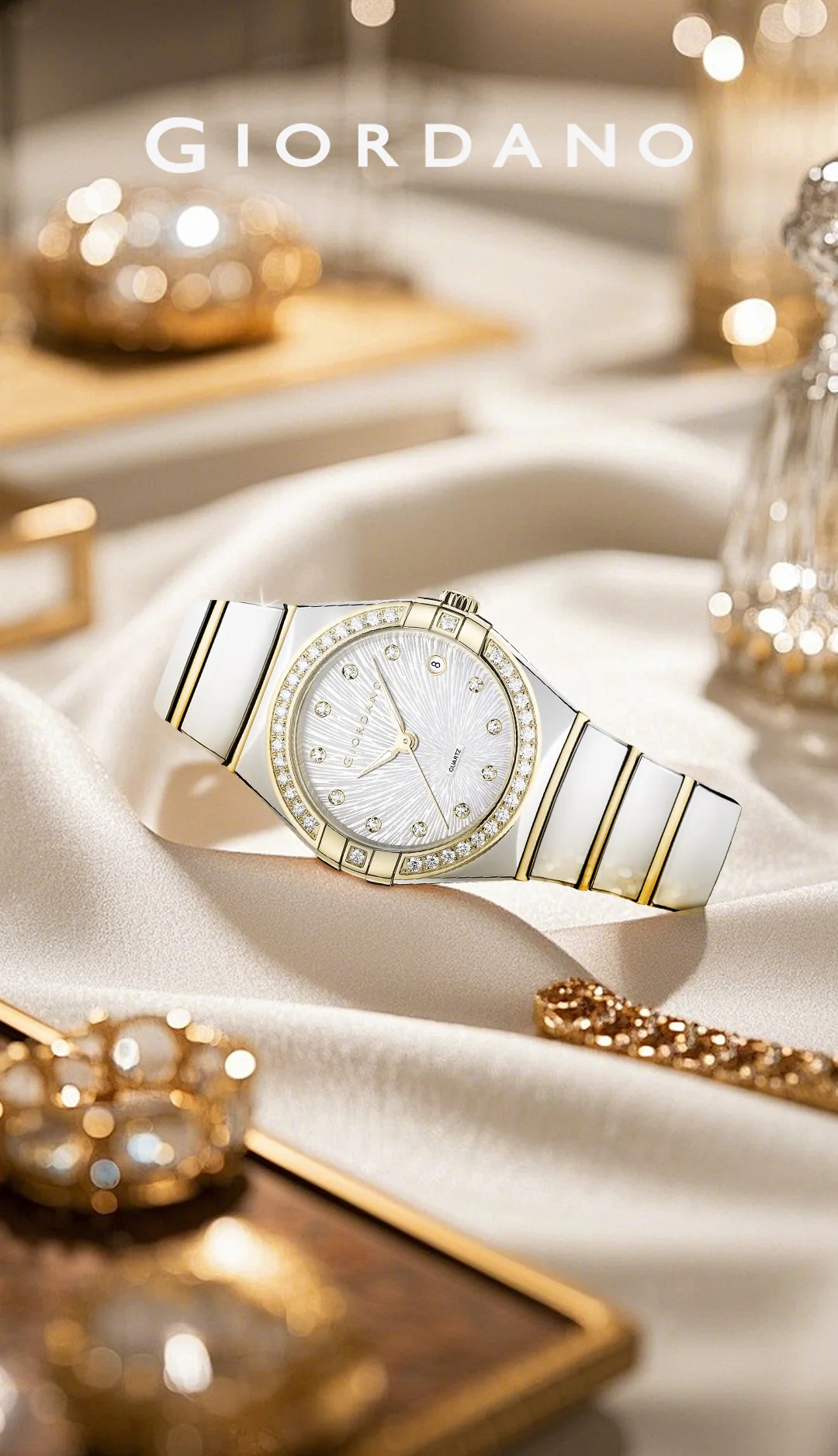 Giordano Analog Quartz Watch for Women with Crystal-Encrusted Bezel, Sunray Textured Dial, Date Display and Two-Tone Stainless Steel Strap GZ-60145-11 - Image 3