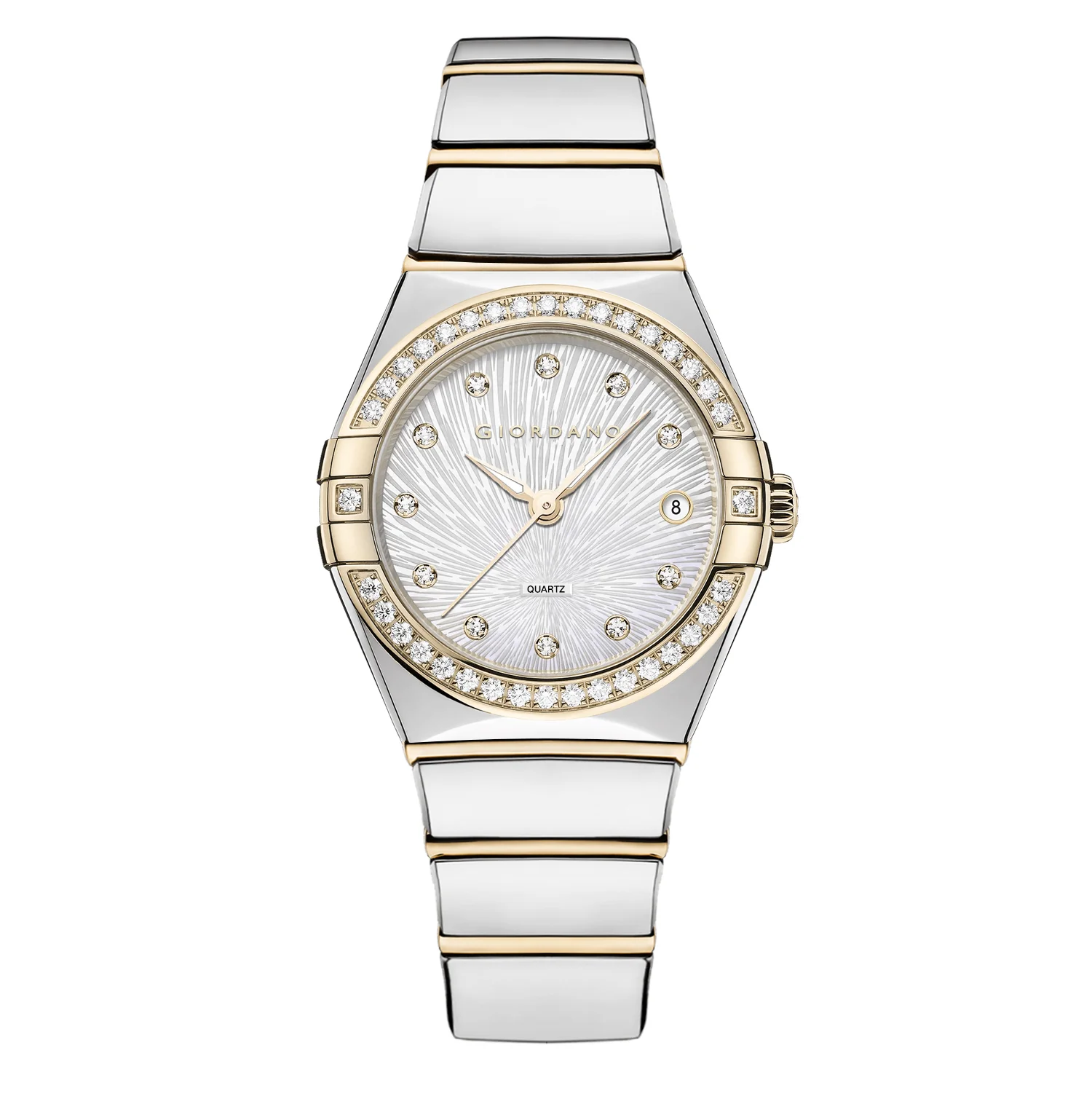 Giordano Analog Quartz Watch for Women with Crystal-Encrusted Bezel, Sunray Textured Dial, Date Display and Two-Tone Stainless Steel Strap GZ-60145-11 - Image 5