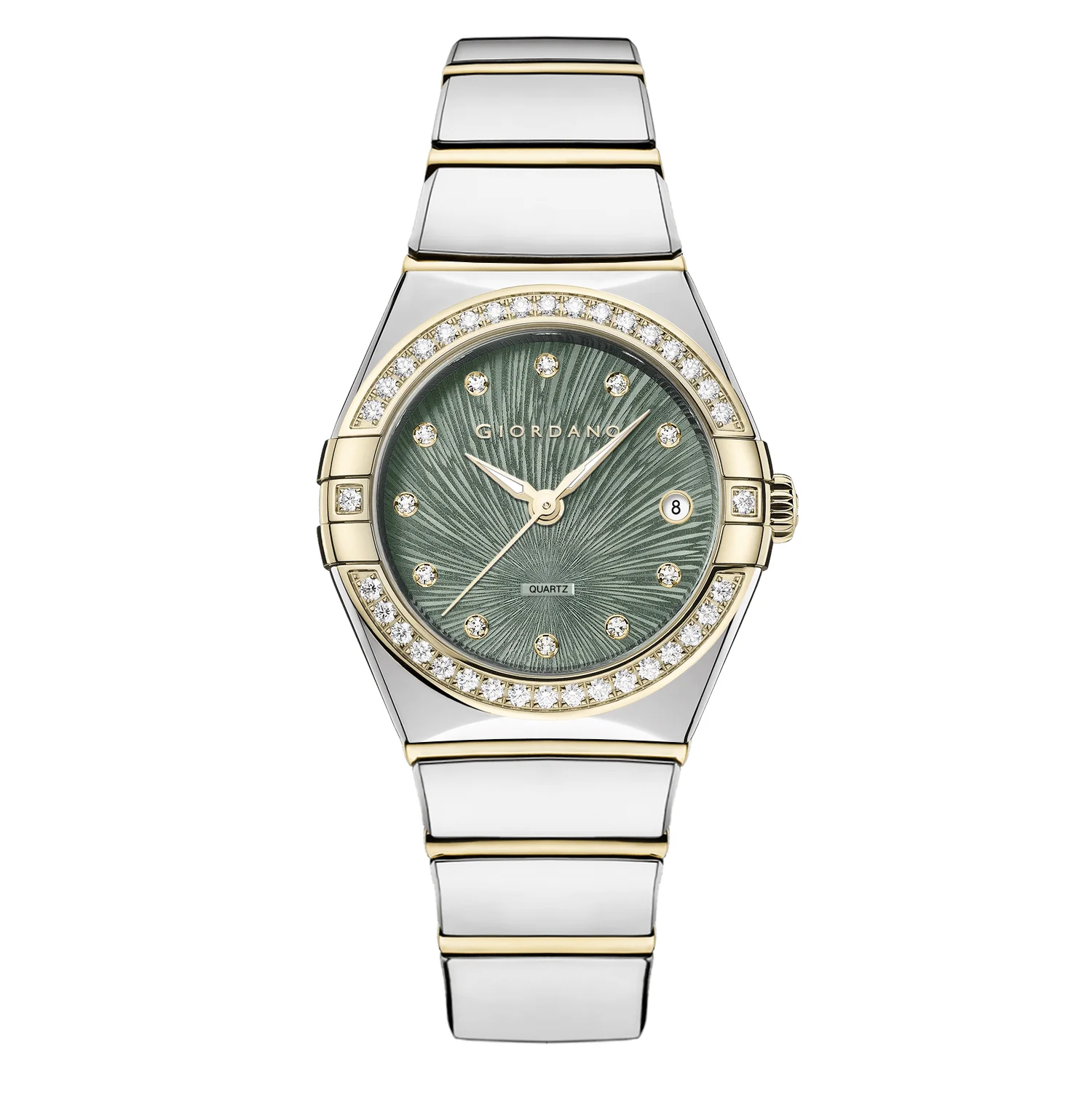 Giordano Analog Quartz Watch for Women with Crystal-Encrusted Bezel, Sunray Textured Dial, Date Display and Two-Tone Stainless Steel Strap GZ-60145-22 - Image 5