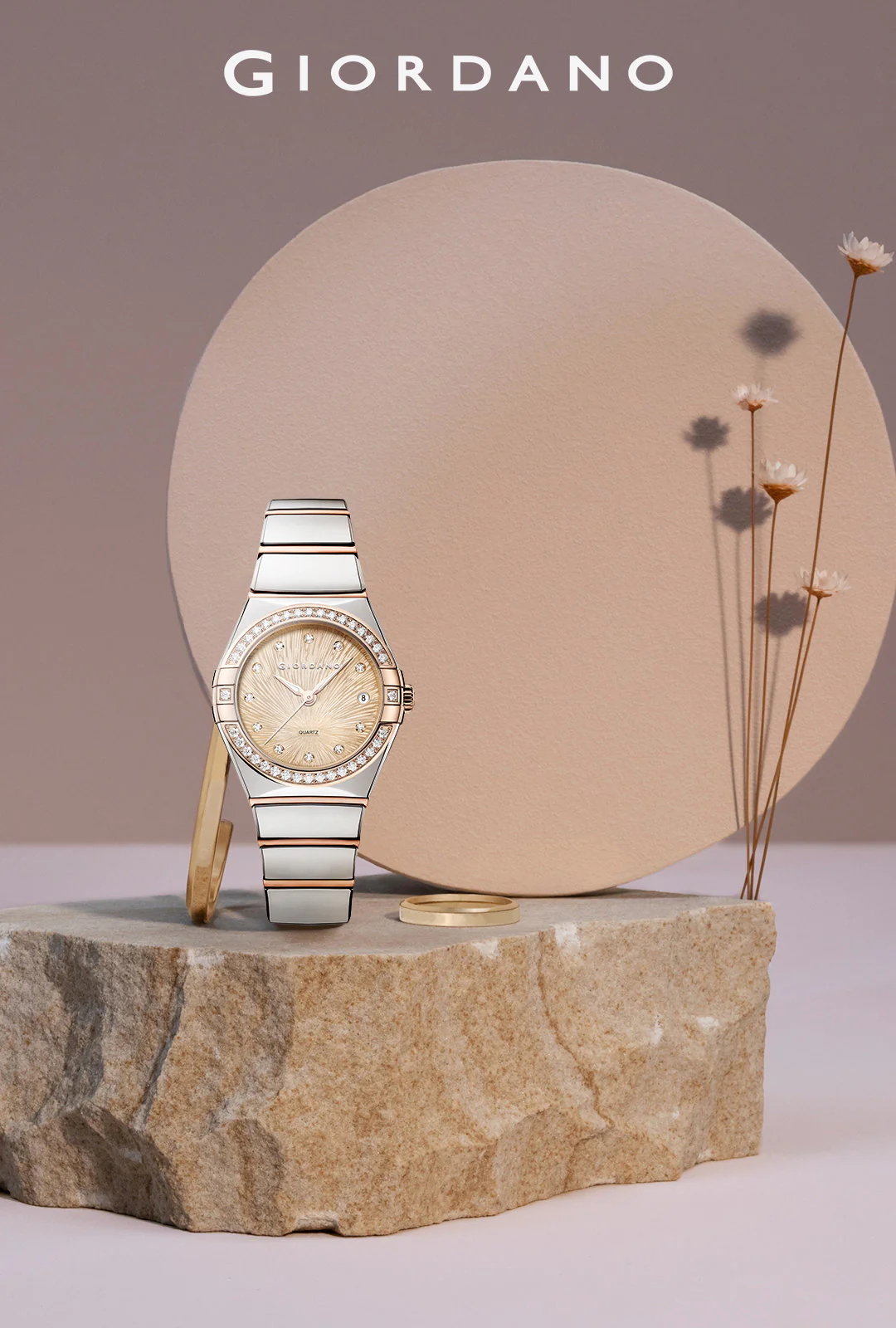 Giordano Analog Quartz Watch for Women with Crystal-Encrusted Bezel, Sunray Textured Dial, Date Display and Two-Tone Stainless Steel Strap GZ-60145-33 - Image 3