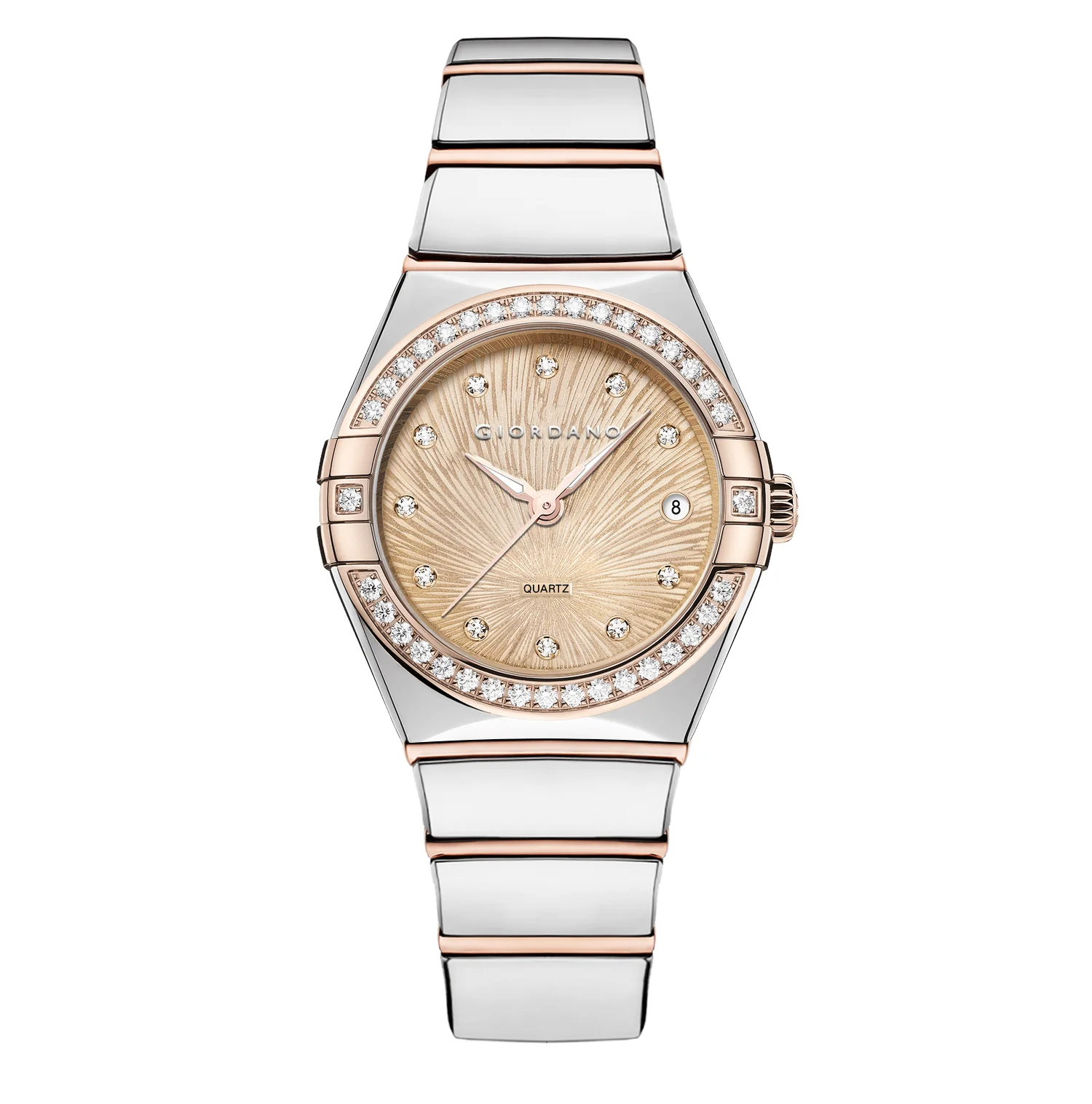 Giordano Analog Quartz Watch for Women with Crystal-Encrusted Bezel, Sunray Textured Dial, Date Display and Two-Tone Stainless Steel Strap GZ-60145-33 - Image 5