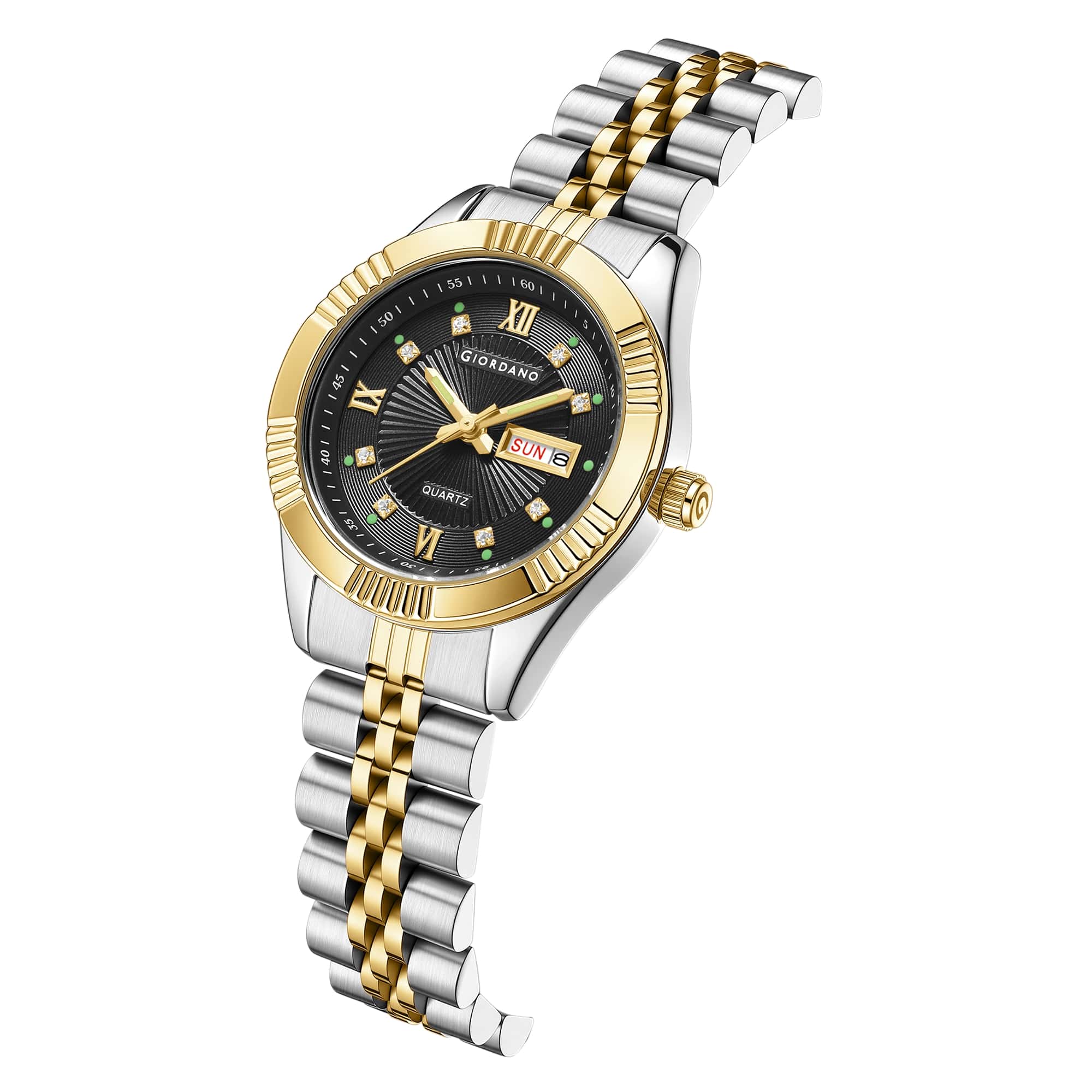 Giordano Analog Quartz Watch for Women with Day & Date Display, Textured Dial, Diamond Hour Markers, Roman Numerals Stainless Steel Strap - GZ-60172-11 - Image 5