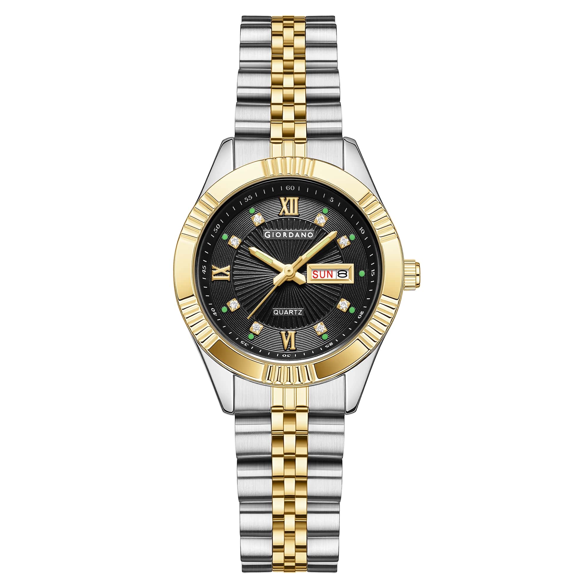 Giordano Analog Quartz Watch for Women with Day & Date Display, Textured Dial, Diamond Hour Markers, Roman Numerals Stainless Steel Strap - GZ-60172-11 - Image 6