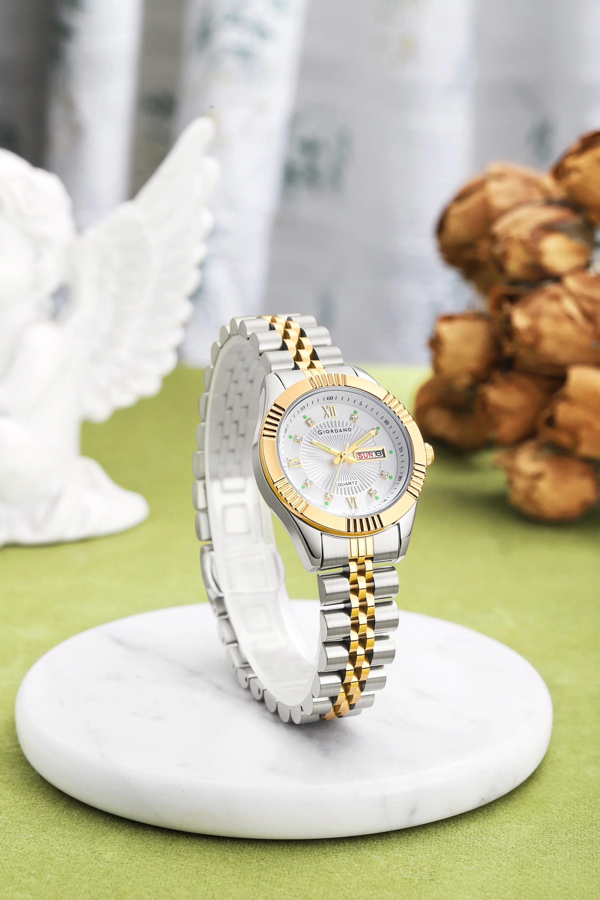 Giordano Analog Quartz Watch for Women with Day & Date Display, Textured Dial, Diamond Hour Markers, Roman Numerals Stainless Steel Strap - GZ-60172-22 - Image 3