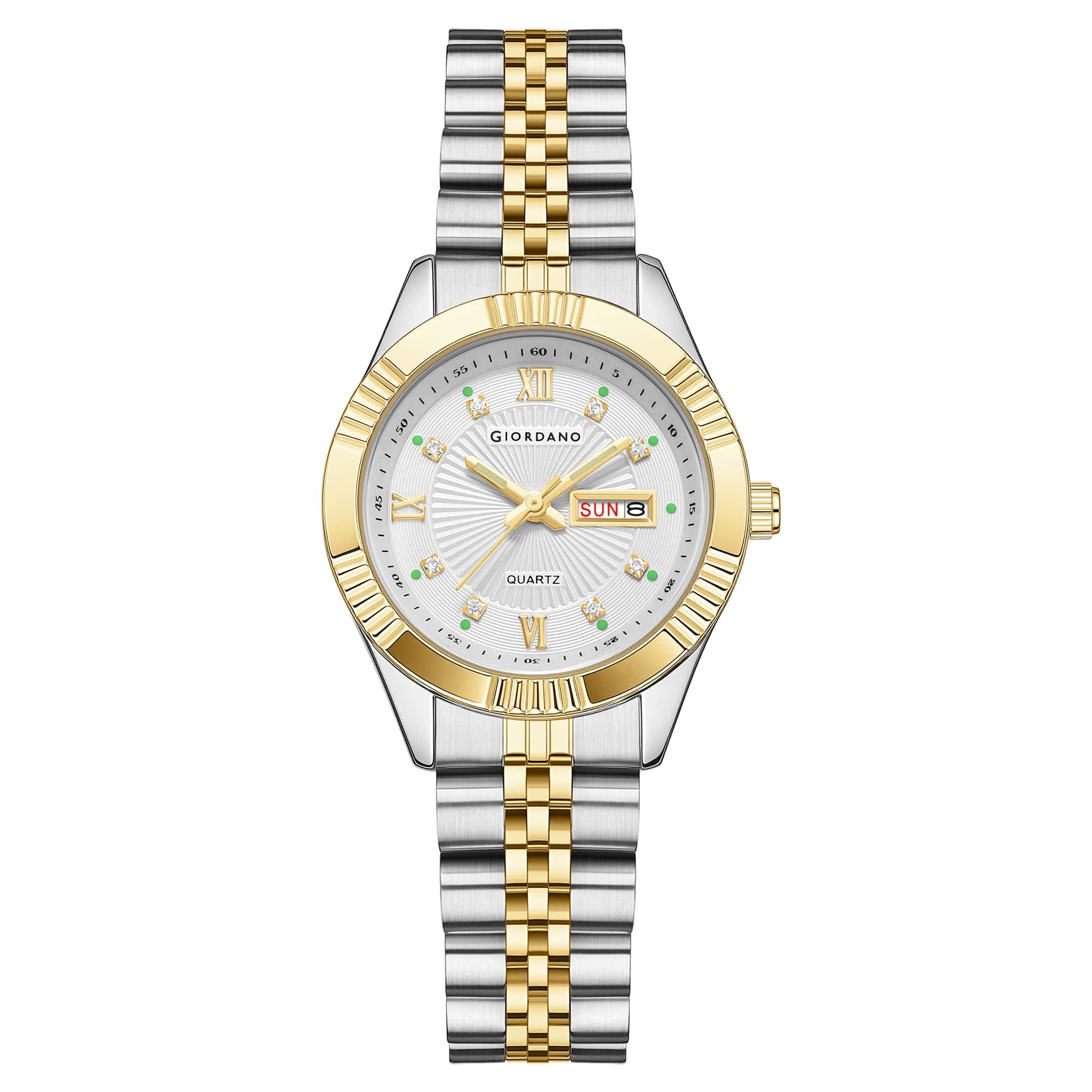 Giordano Analog Quartz Watch for Women with Day & Date Display, Textured Dial, Diamond Hour Markers, Roman Numerals Stainless Steel Strap - GZ-60172-22 - Image 5