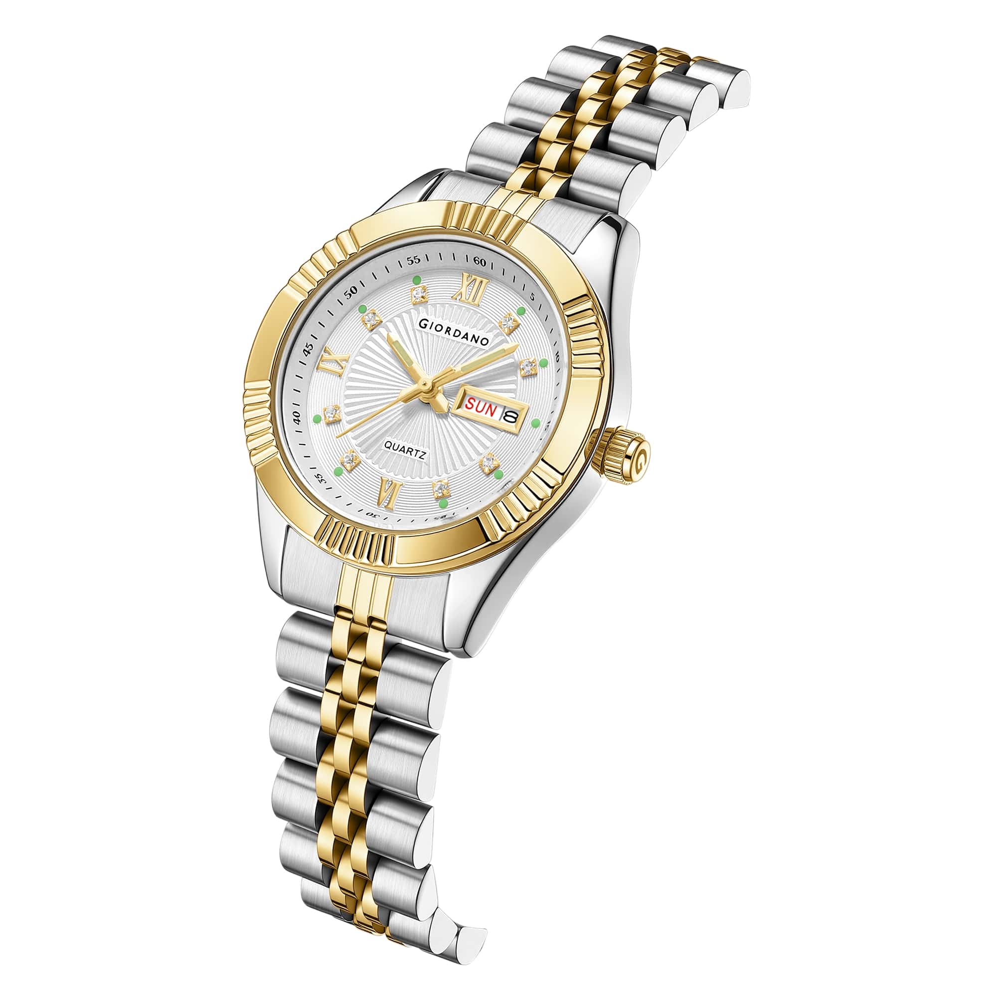 Giordano Analog Quartz Watch for Women with Day & Date Display, Textured Dial, Diamond Hour Markers, Roman Numerals Stainless Steel Strap - GZ-60172-22 - Image 6