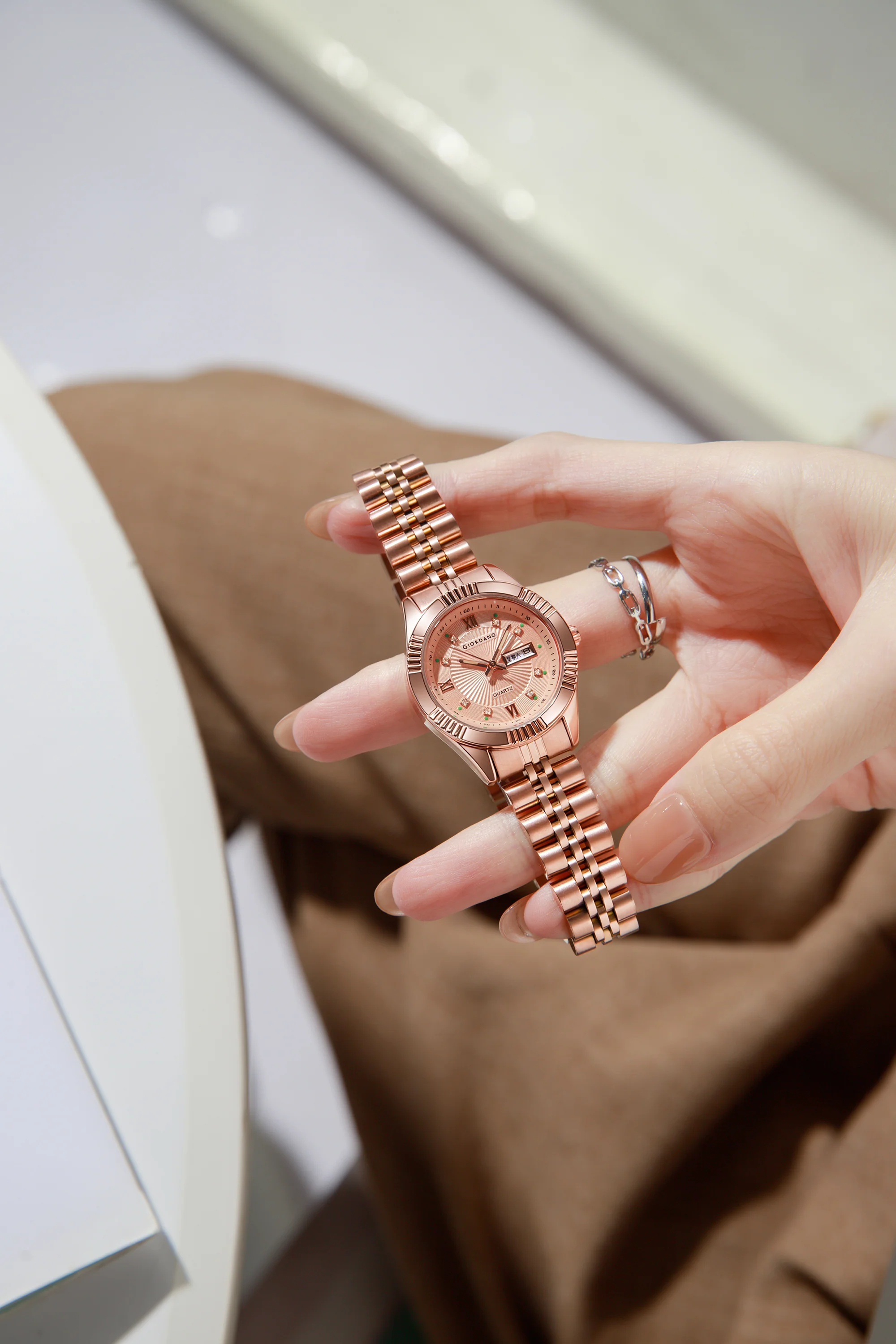 Giordano Analog Quartz Watch for Women with Day & Date Display, Textured Dial, Diamond Hour Markers, Roman Numerals Stainless Steel Strap - GZ-60172-44 - Image 2