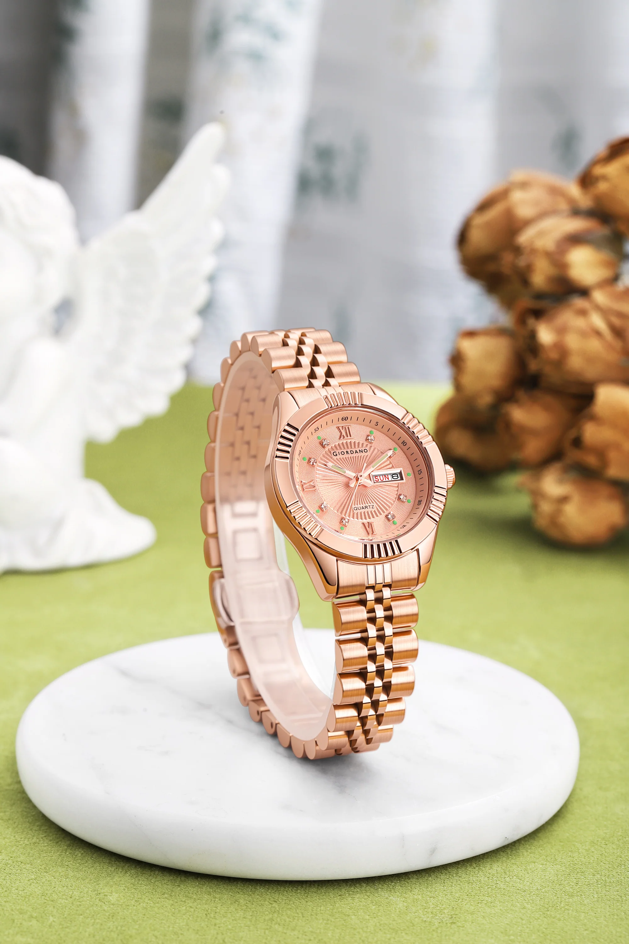 Giordano Analog Quartz Watch for Women with Day & Date Display, Textured Dial, Diamond Hour Markers, Roman Numerals Stainless Steel Strap - GZ-60172-44 - Image 3