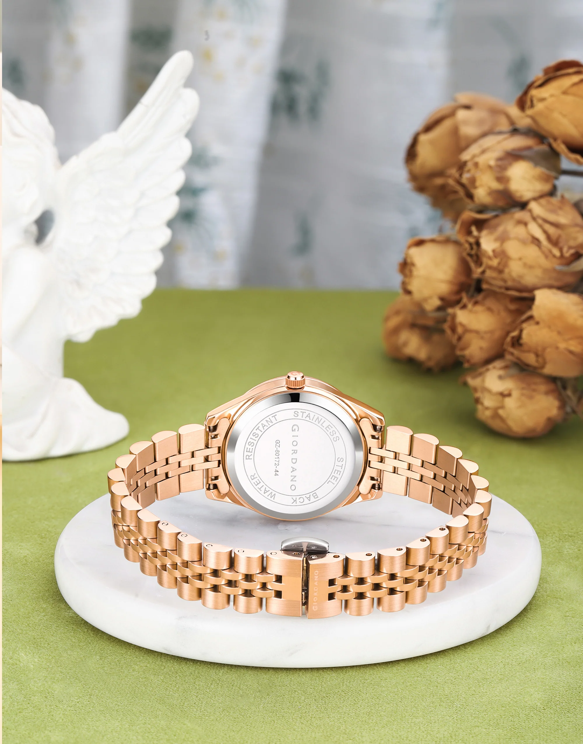 Giordano Analog Quartz Watch for Women with Day & Date Display, Textured Dial, Diamond Hour Markers, Roman Numerals Stainless Steel Strap - GZ-60172-44 - Image 4