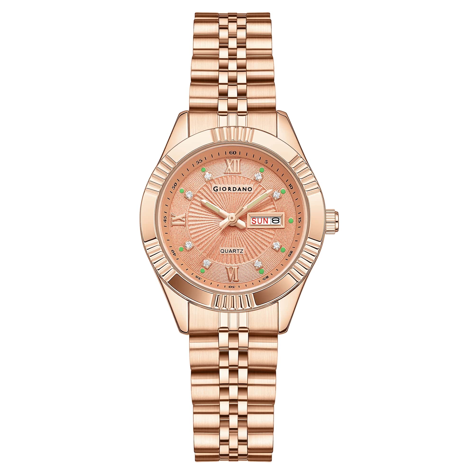 Giordano Analog Quartz Watch for Women with Day & Date Display, Textured Dial, Diamond Hour Markers, Roman Numerals Stainless Steel Strap - GZ-60172-44 - Image 5