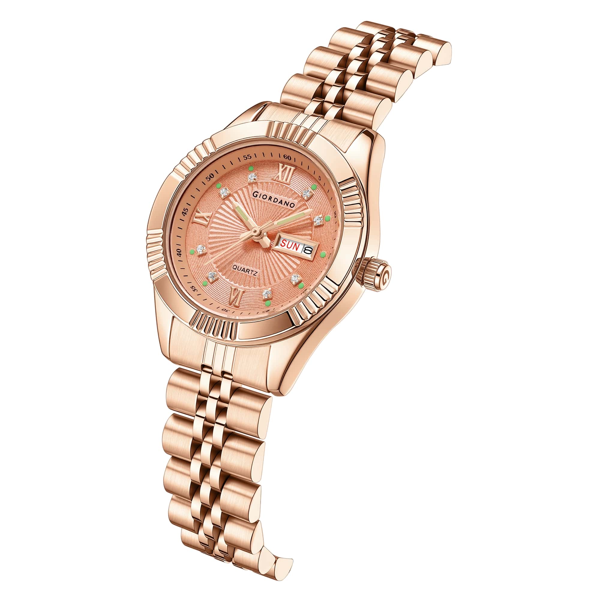 Giordano Analog Quartz Watch for Women with Day & Date Display, Textured Dial, Diamond Hour Markers, Roman Numerals Stainless Steel Strap - GZ-60172-44 - Image 6