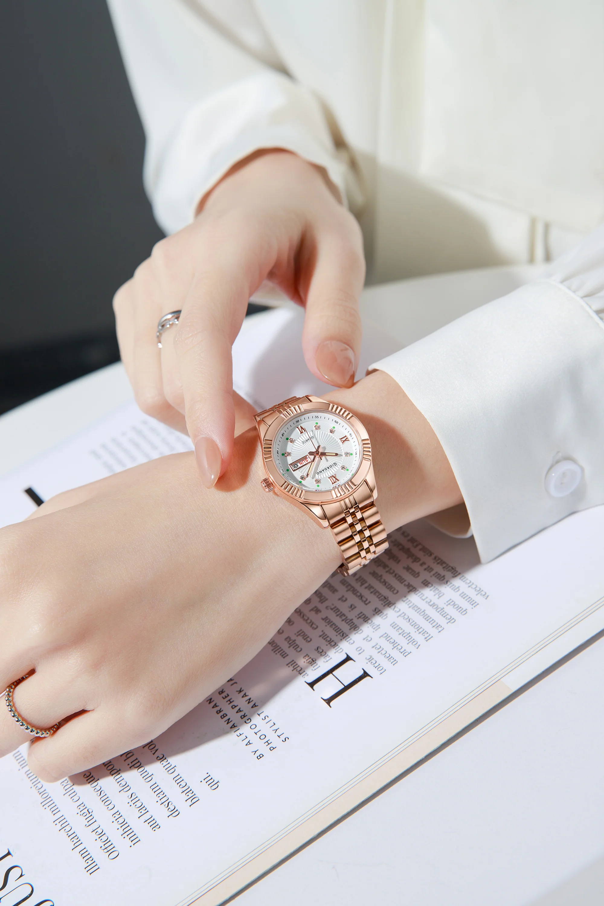 Giordano Analog Quartz Watch for Women with Day & Date Display, Textured Dial, Diamond Hour Markers, Roman Numerals Stainless Steel Strap - GZ-60172-55 - Image 2