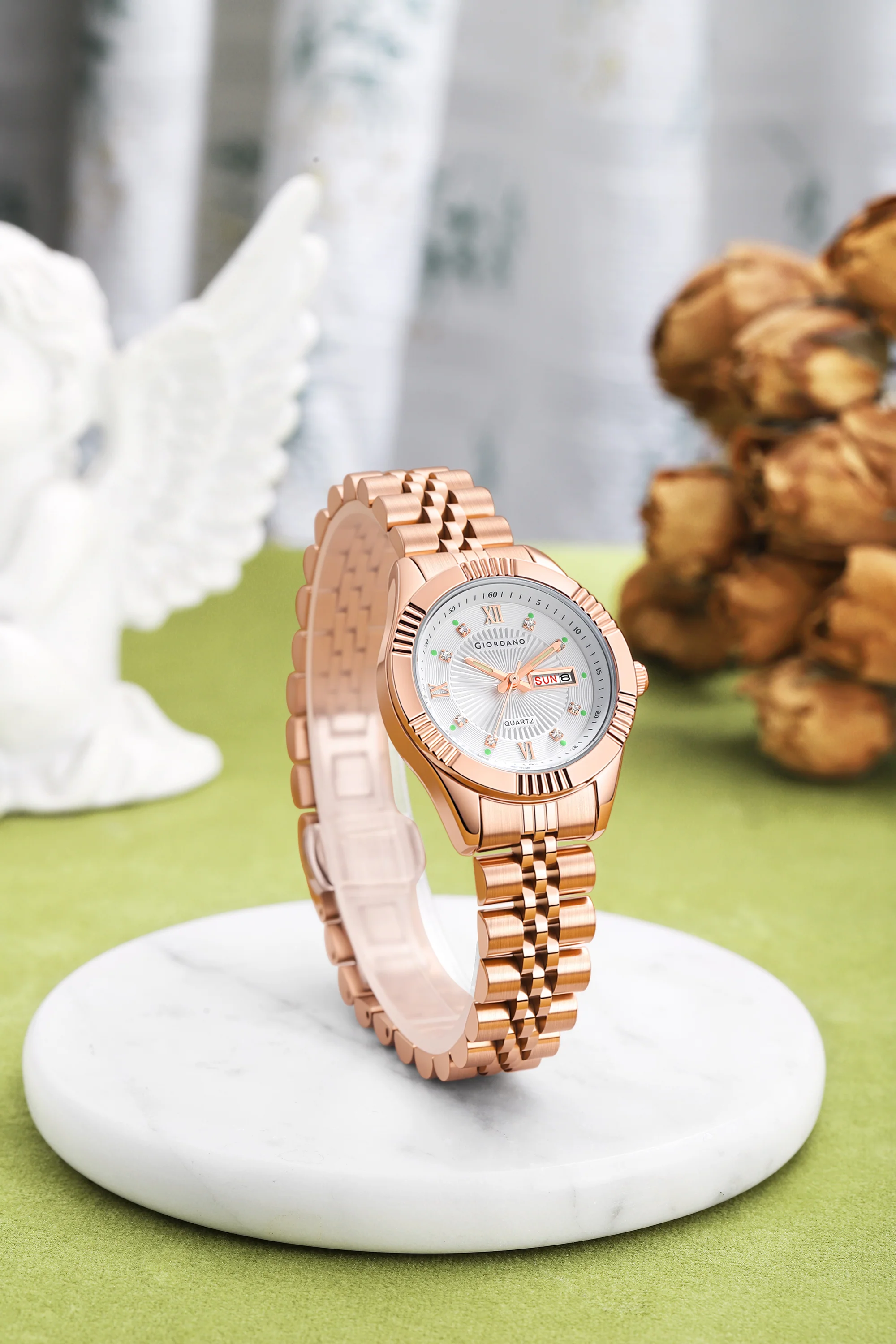 Giordano Analog Quartz Watch for Women with Day & Date Display, Textured Dial, Diamond Hour Markers, Roman Numerals Stainless Steel Strap - GZ-60172-55 - Image 3
