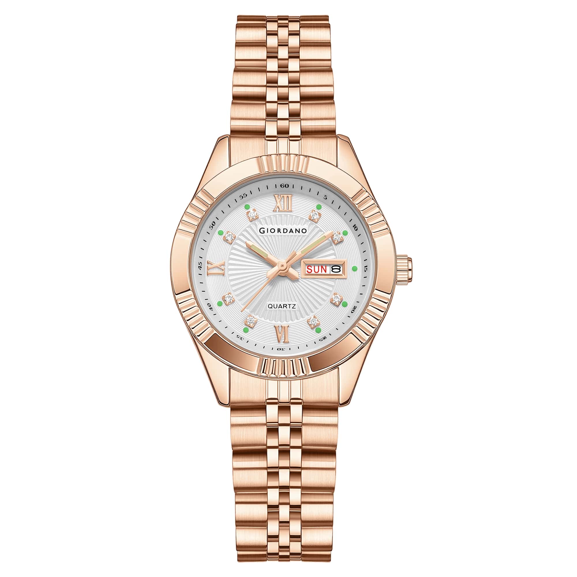 Giordano Analog Quartz Watch for Women with Day & Date Display, Textured Dial, Diamond Hour Markers, Roman Numerals Stainless Steel Strap - GZ-60172-55 - Image 5