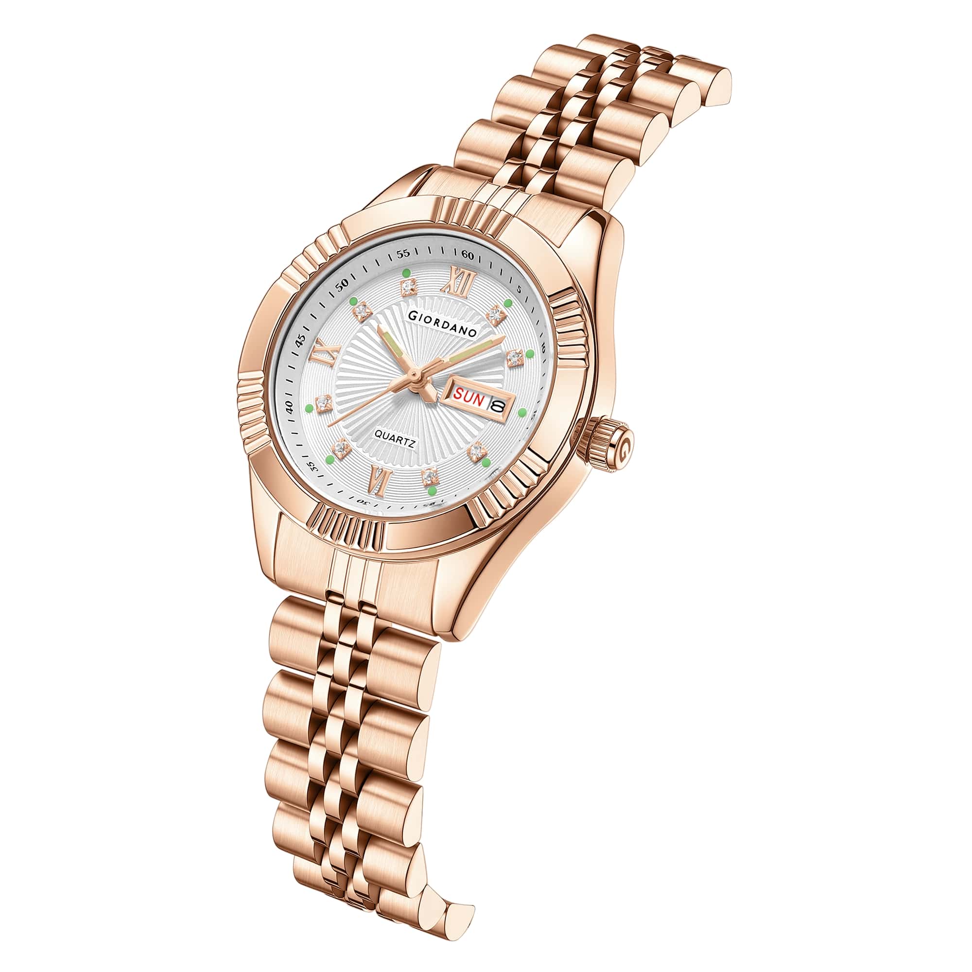 Giordano Analog Quartz Watch for Women with Day & Date Display, Textured Dial, Diamond Hour Markers, Roman Numerals Stainless Steel Strap - GZ-60172-55 - Image 6
