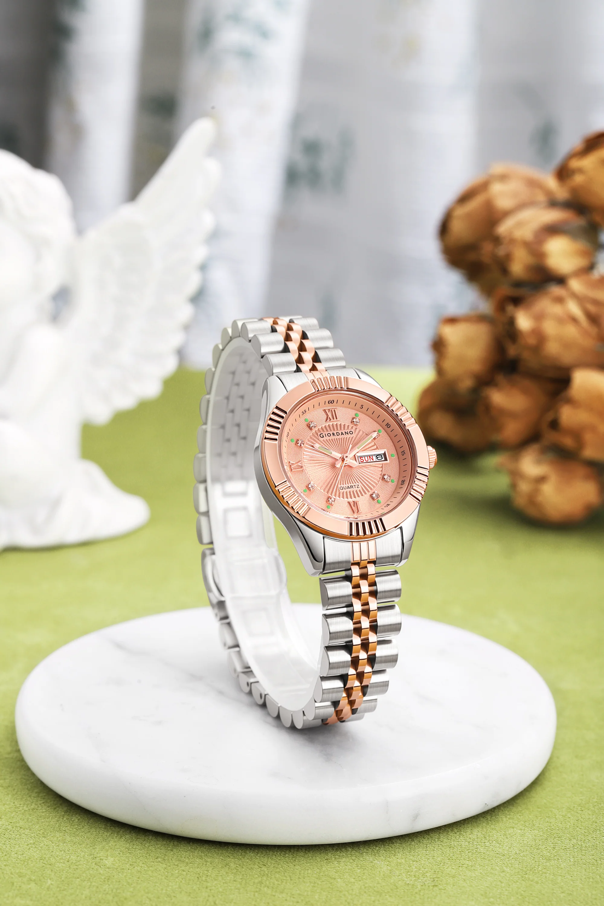 Giordano Analog Quartz Watch for Women with Day & Date Display, Textured Dial, Diamond Hour Markers, Roman Numerals Stainless Steel Strap - GZ-60172-66 - Image 3