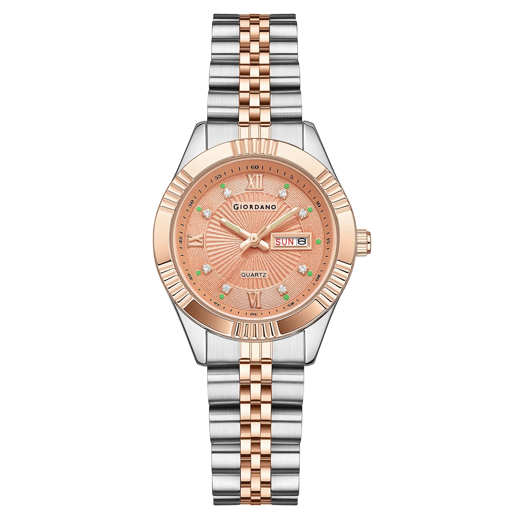 Giordano Analog Quartz Watch for Women with Day & Date Display, Textured Dial, Diamond Hour Markers, Roman Numerals Stainless Steel Strap - GZ-60172-66 - Image 5