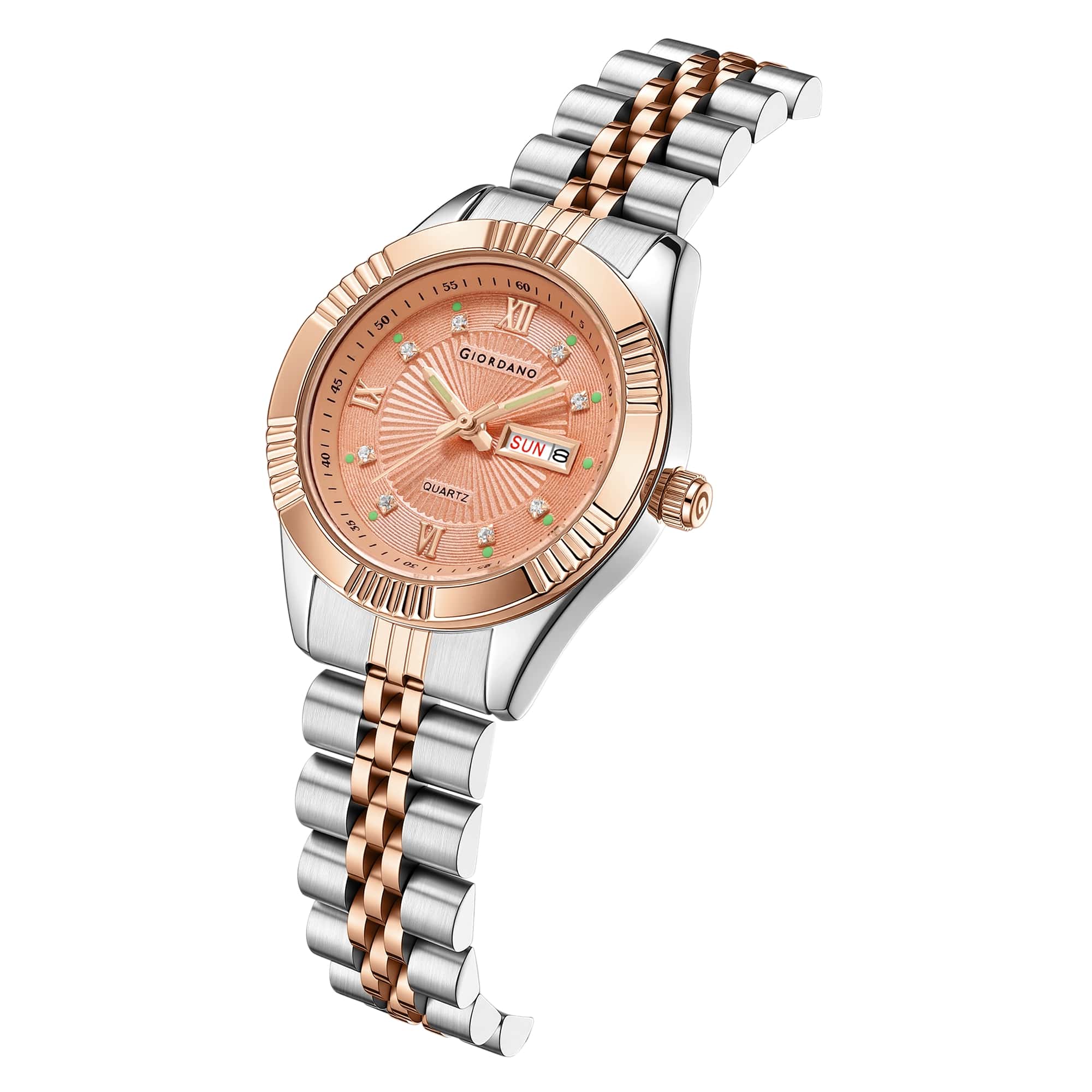 Giordano Analog Quartz Watch for Women with Day & Date Display, Textured Dial, Diamond Hour Markers, Roman Numerals Stainless Steel Strap - GZ-60172-66 - Image 6