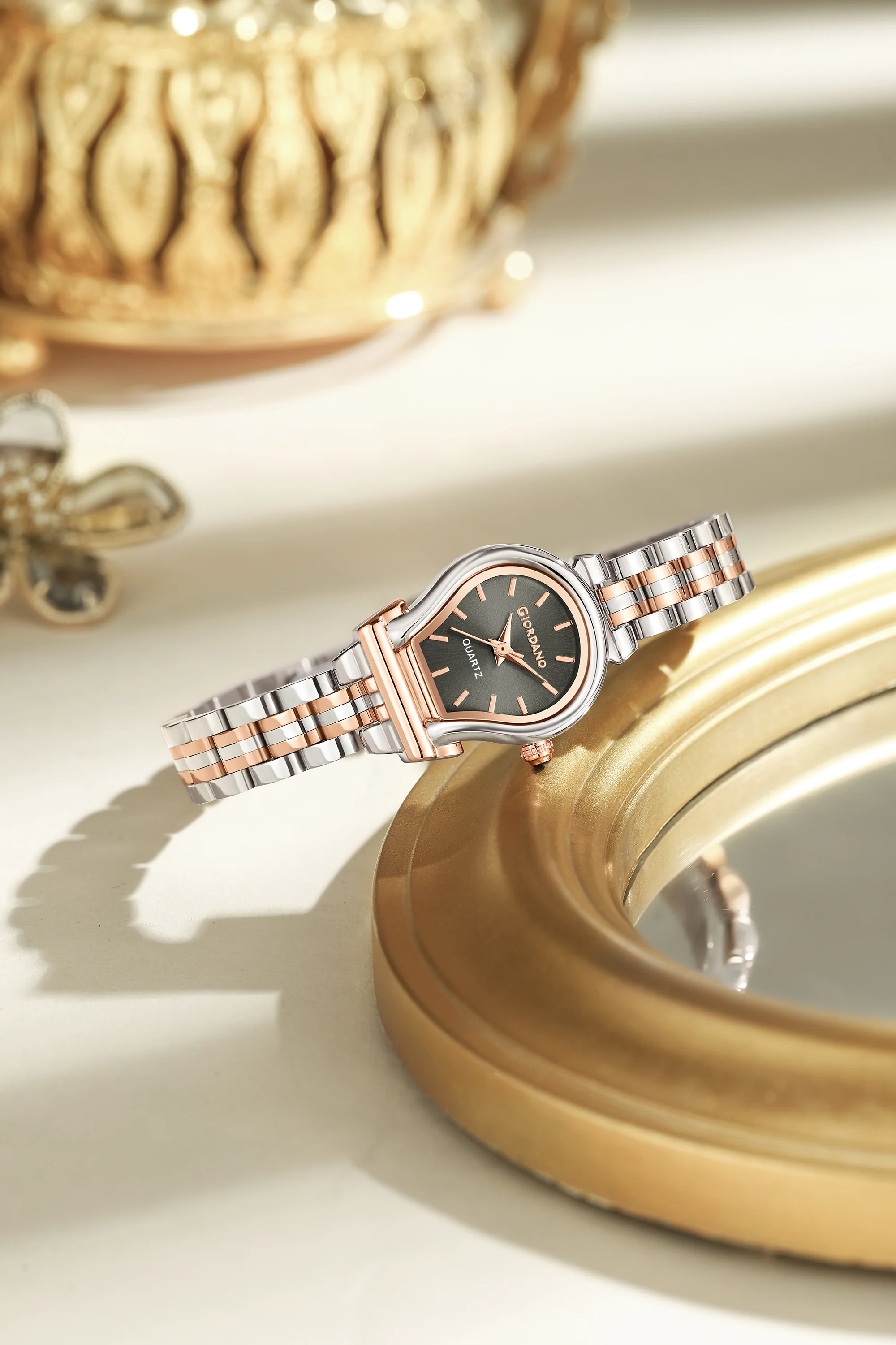 Giordano Analog Quartz Watch for Women with Oval Black Dial, Water Drop Shaped Case, Blue Crown, Silver and Rose Gold Stainless Steel Strap - GZ-60155-44 - Image 3