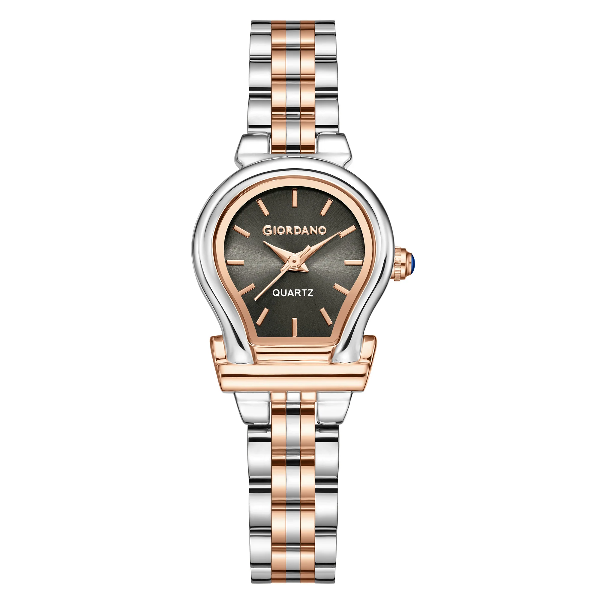Giordano Analog Quartz Watch for Women with Oval Black Dial, Water Drop Shaped Case, Blue Crown, Silver and Rose Gold Stainless Steel Strap - GZ-60155-44 - Image 4