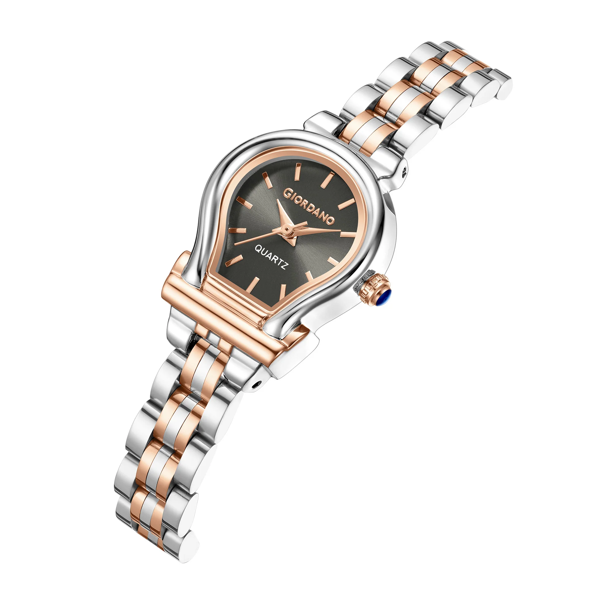 Giordano Analog Quartz Watch for Women with Oval Black Dial, Water Drop Shaped Case, Blue Crown, Silver and Rose Gold Stainless Steel Strap - GZ-60155-44 - Image 5