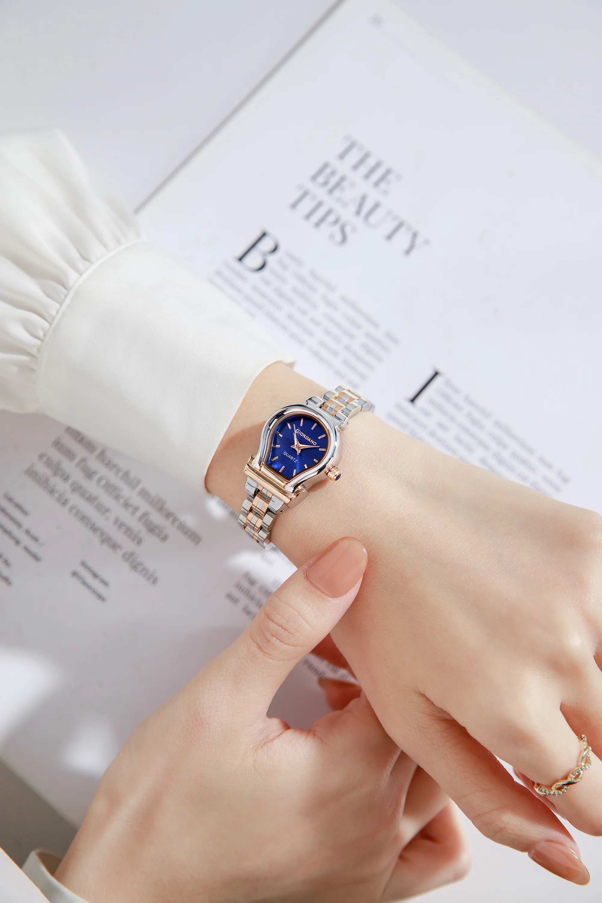 Giordano Analog Quartz Watch for Women with Oval Blue Dial, Water Drop Shaped Case, Blue Crown, Silver and Rose Gold Stainless Steel Strap - GZ-60155-33 - Image 2