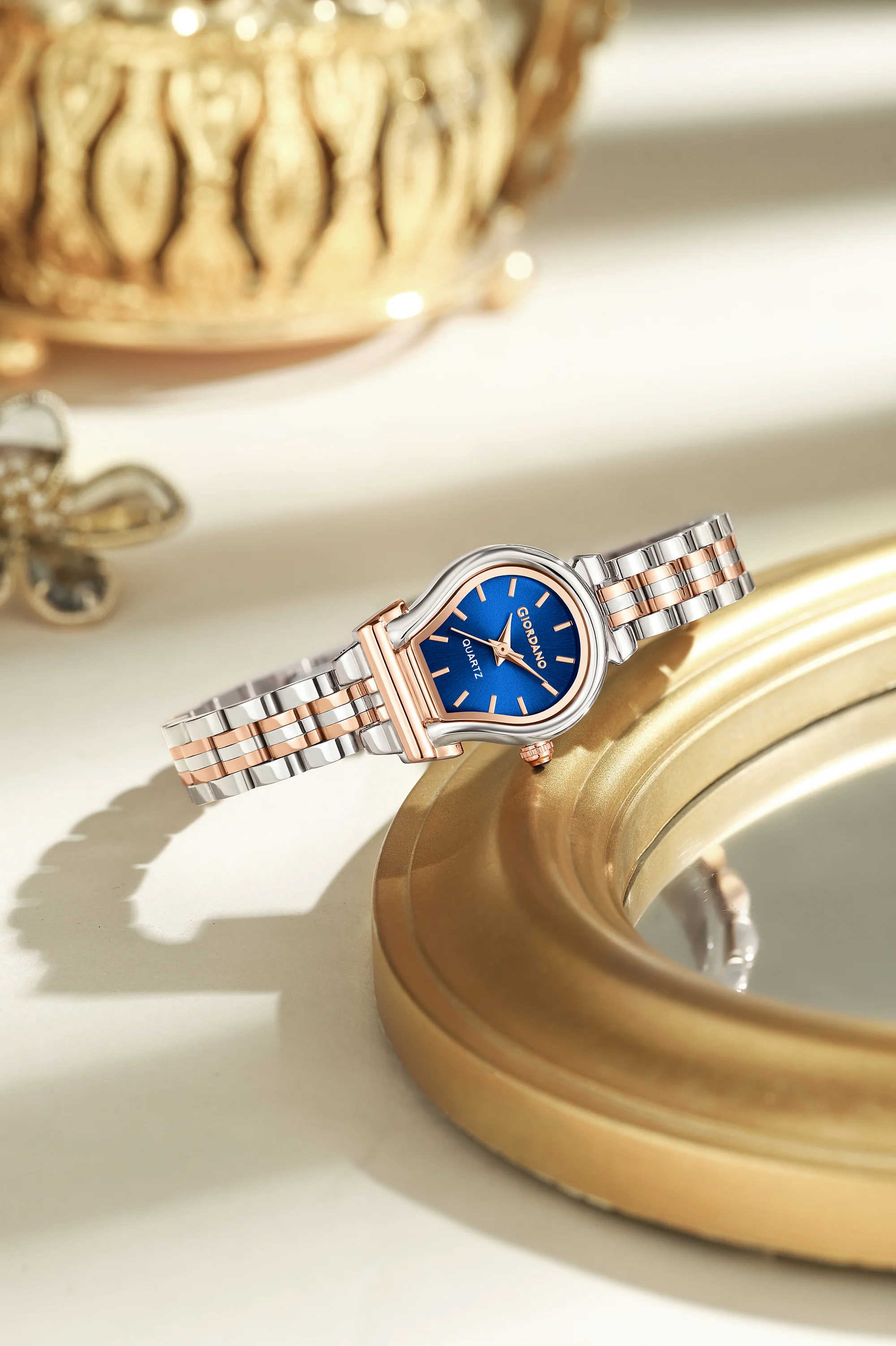 Giordano Analog Quartz Watch for Women with Oval Blue Dial, Water Drop Shaped Case, Blue Crown, Silver and Rose Gold Stainless Steel Strap - GZ-60155-33 - Image 3