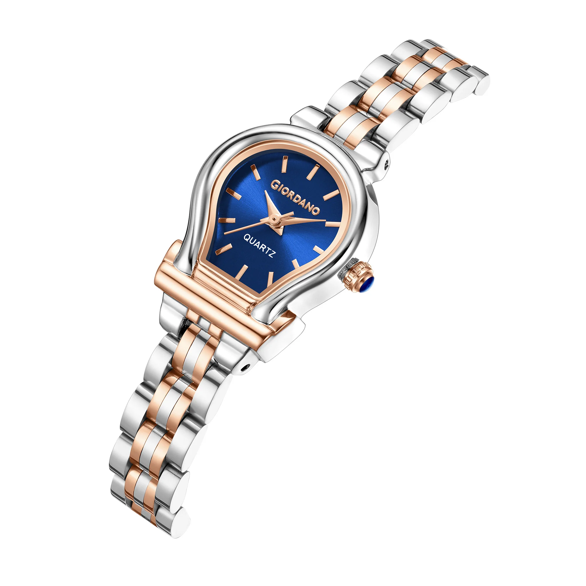 Giordano Analog Quartz Watch for Women with Oval Blue Dial, Water Drop Shaped Case, Blue Crown, Silver and Rose Gold Stainless Steel Strap - GZ-60155-33 - Image 6