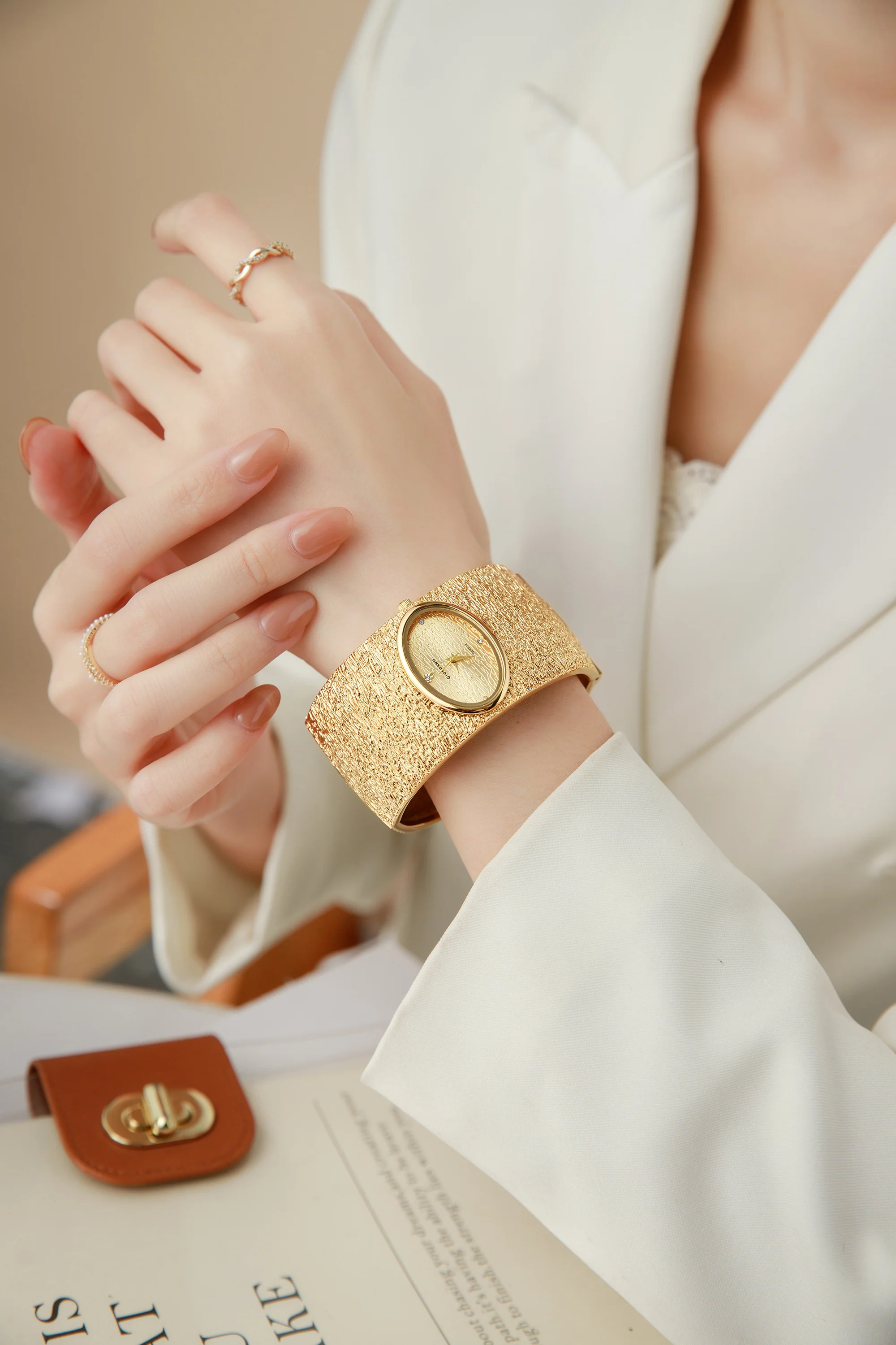 Giordano Analog Quartz Watch for Women with Oval Gold Textured Dial, Crystal Hour Markers, Stainless Steel Bangle Strap - GZ-60171-22 - Image 2