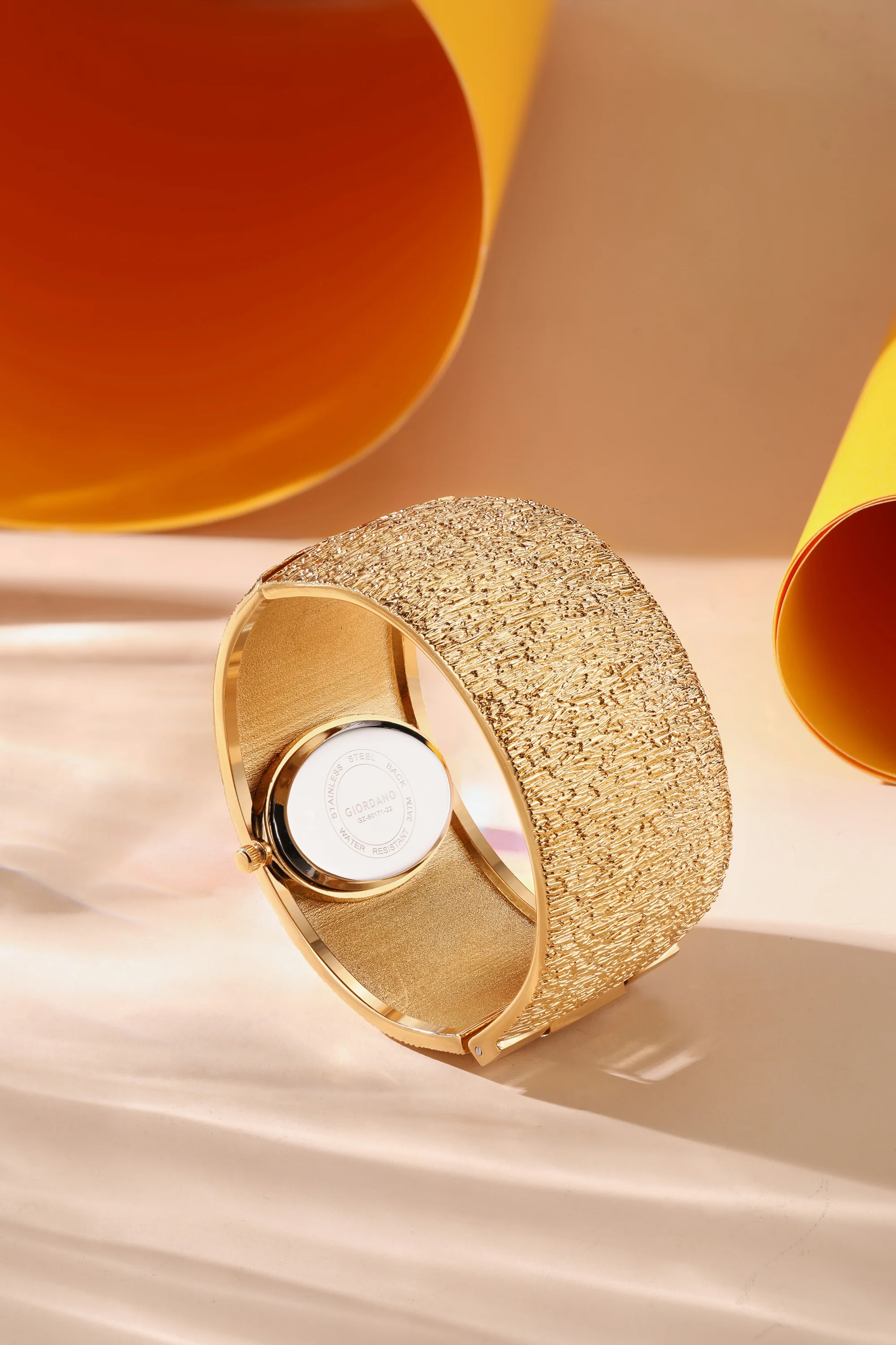 Giordano Analog Quartz Watch for Women with Oval Gold Textured Dial, Crystal Hour Markers, Stainless Steel Bangle Strap - GZ-60171-22 - Image 4